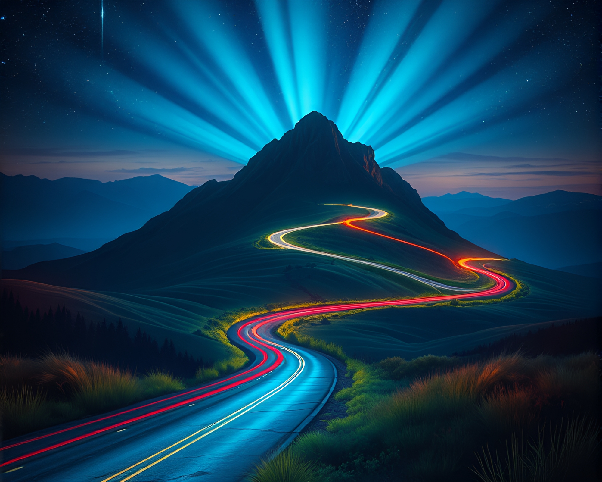 Vibrant Car Light Trails on Spectral Floating Island – free AI stock image