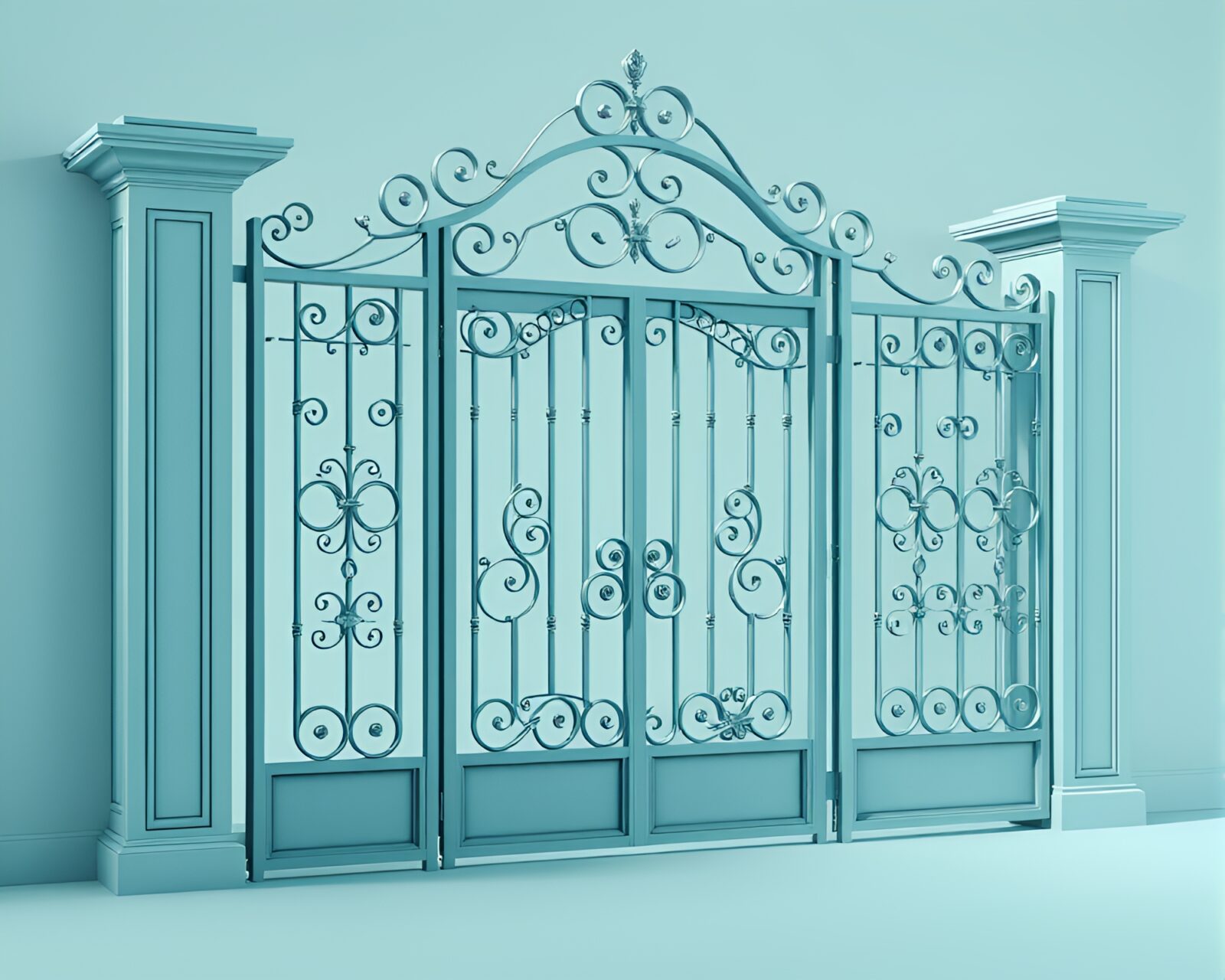 3D scan of tilted iron gate in calming teal light