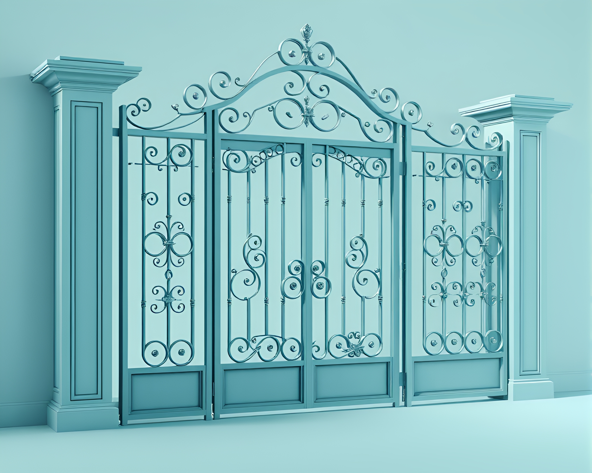 Teal Serenity: Wrought Iron Gate – free AI stock image