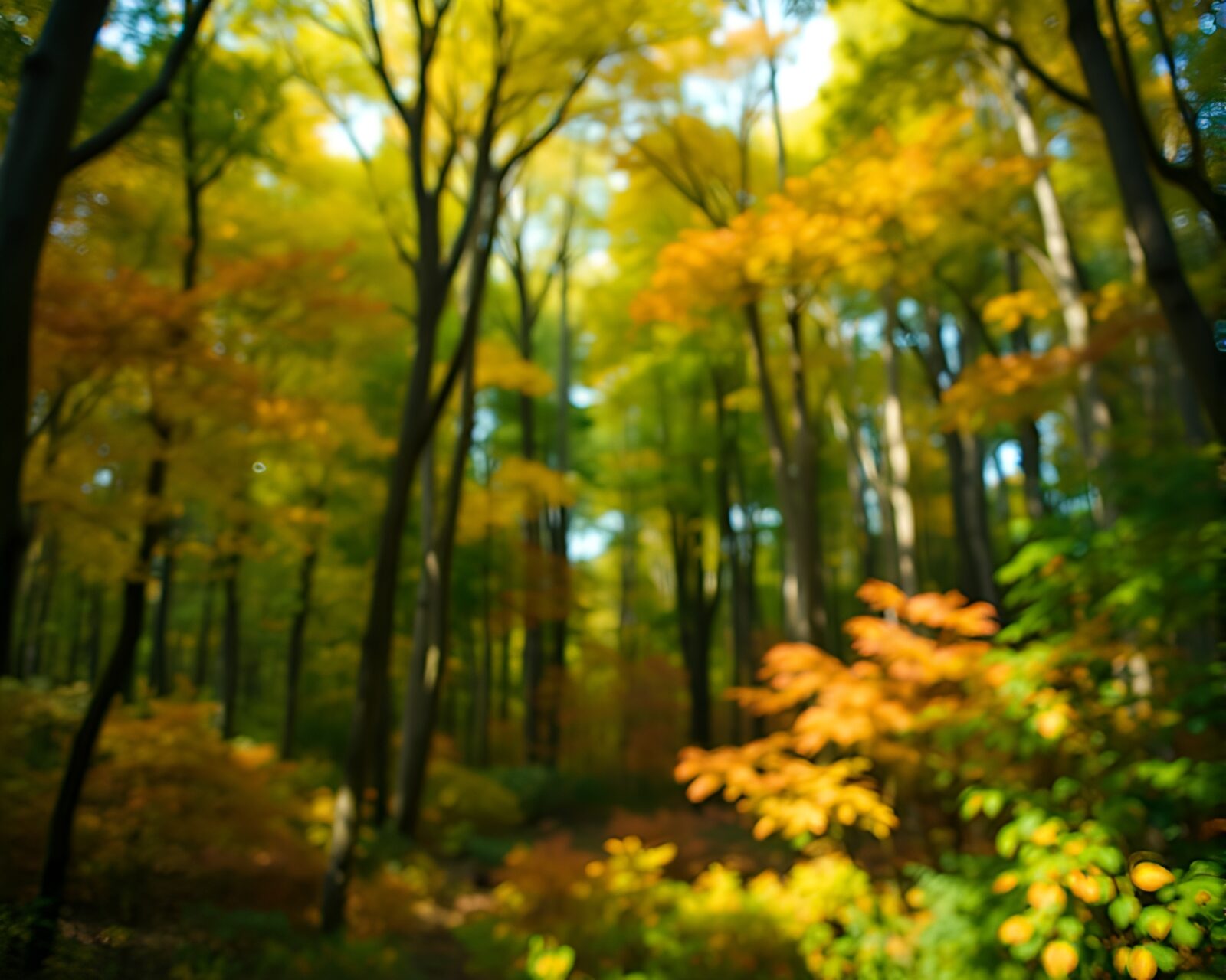 A mesmerizing image of a stitched pattern in a vibrant autumn forest canopy with bokeh effect lighting