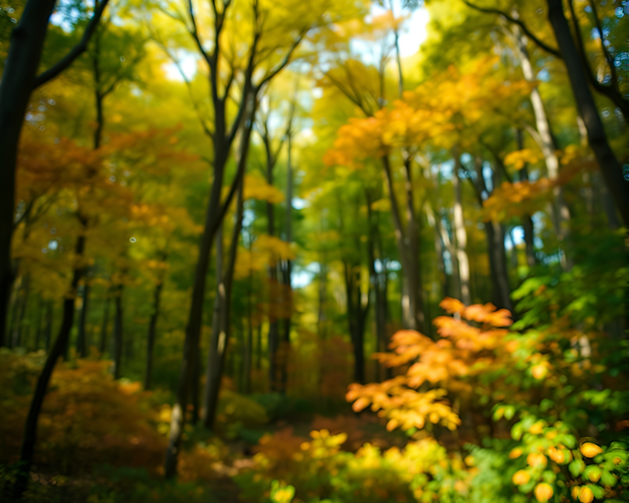 Autumn Forest Canopy Stitched Pattern Bokeh Effect – free AI stock image