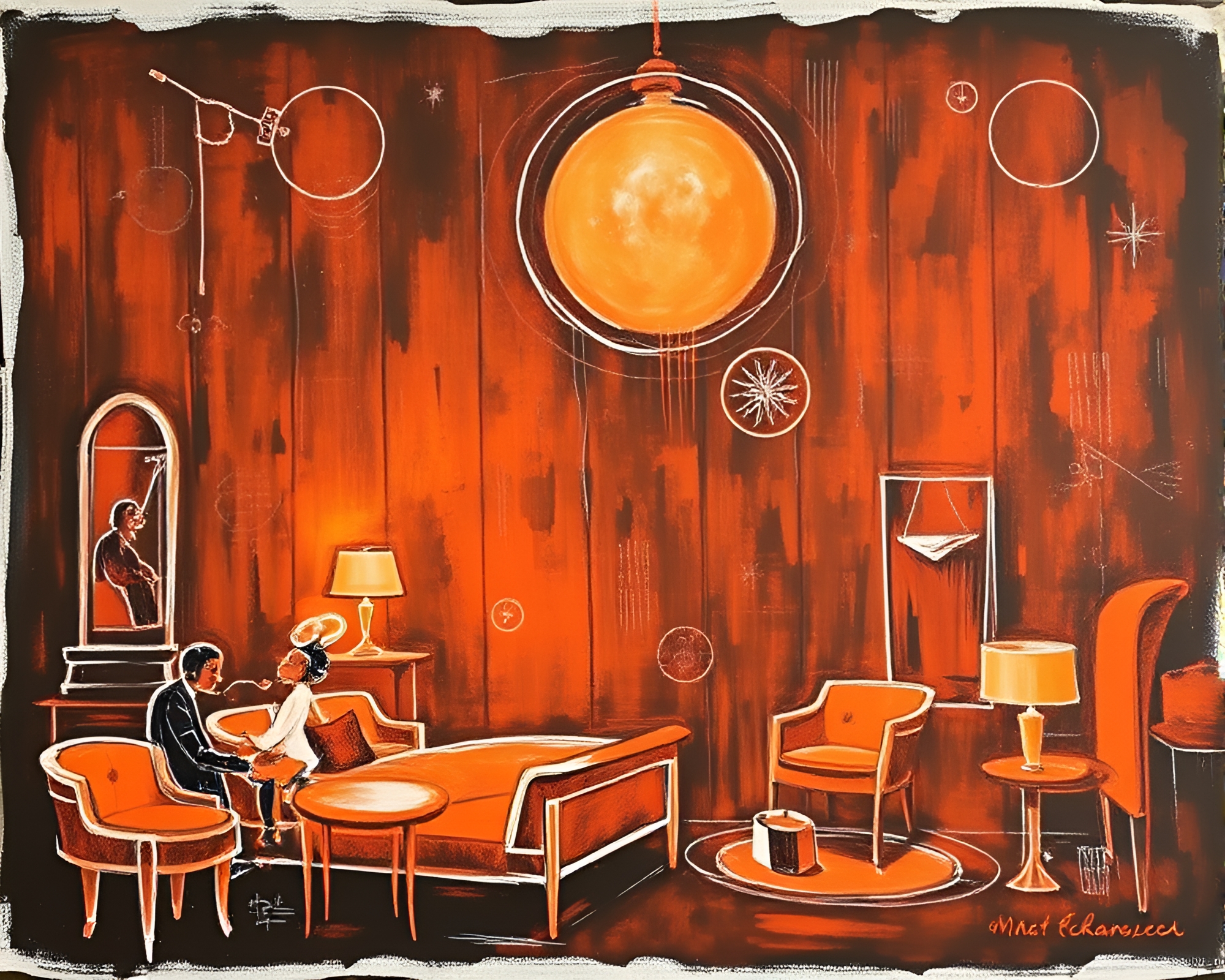 Art Deco Hotel Chalk Scrawls in Burnt Orange – free AI stock image