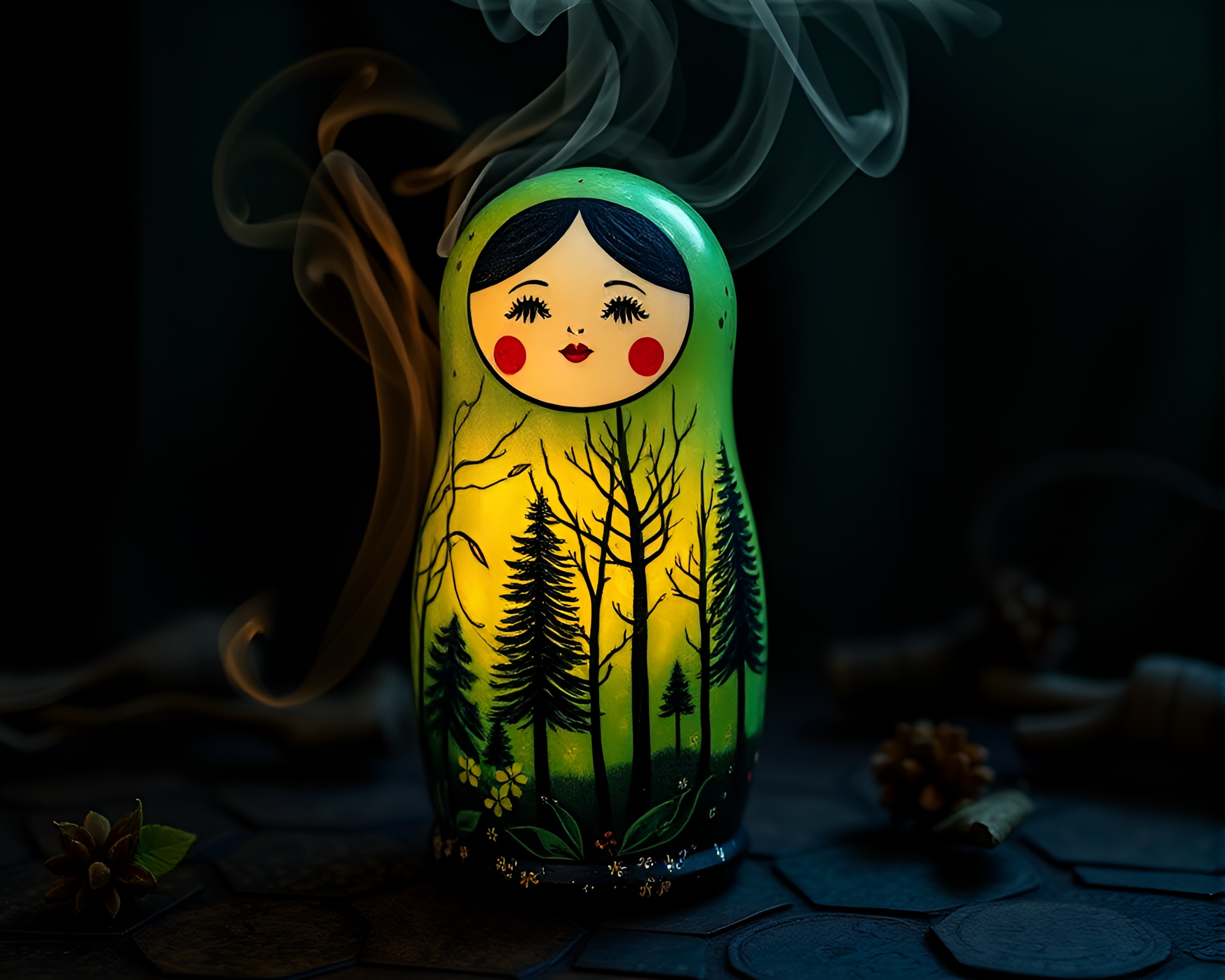 Enchanted forest Matryoshka doll candle smoke sgraffito composition – free AI stock image