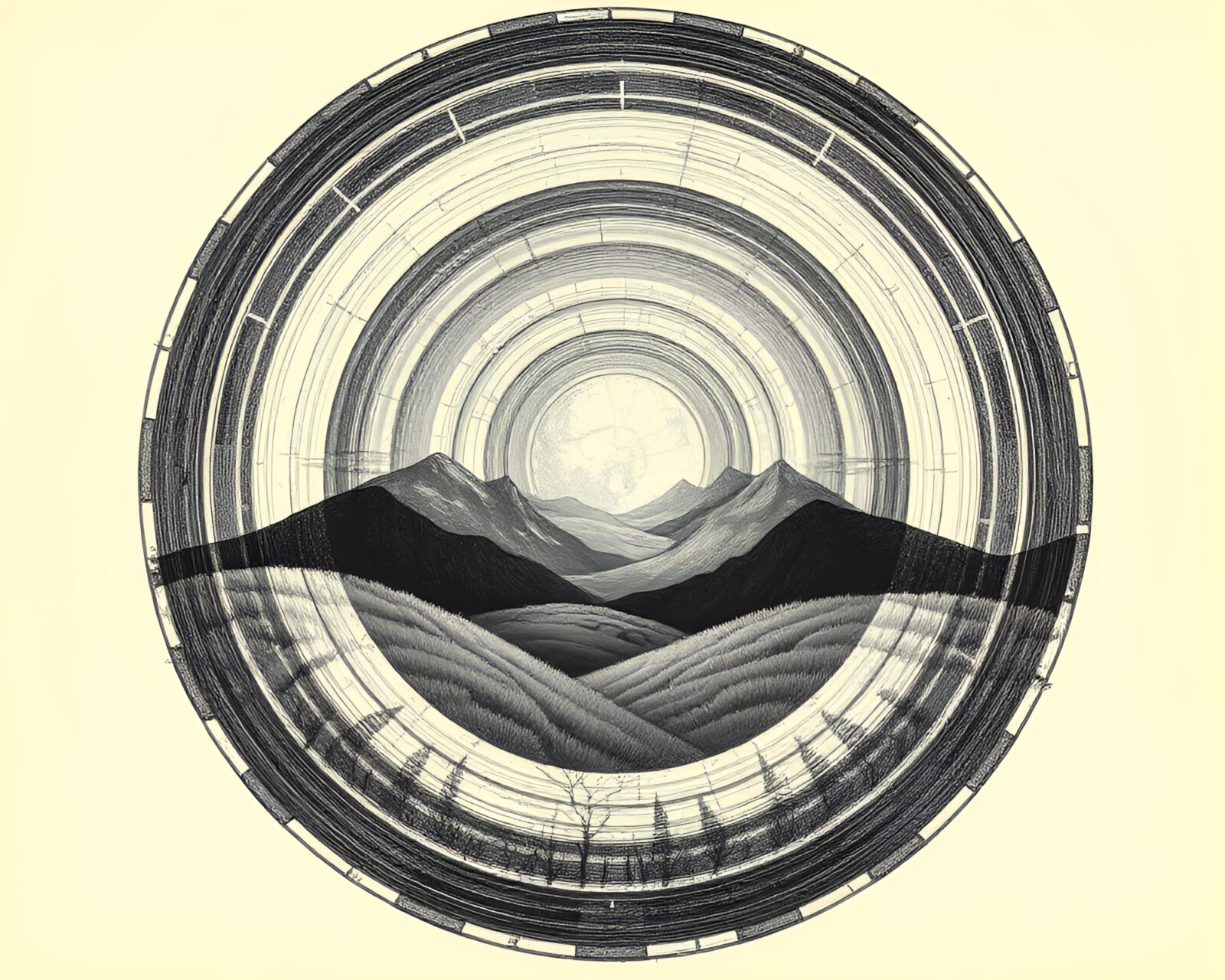 Concentric circles framing glowing Golem in intricate landscape