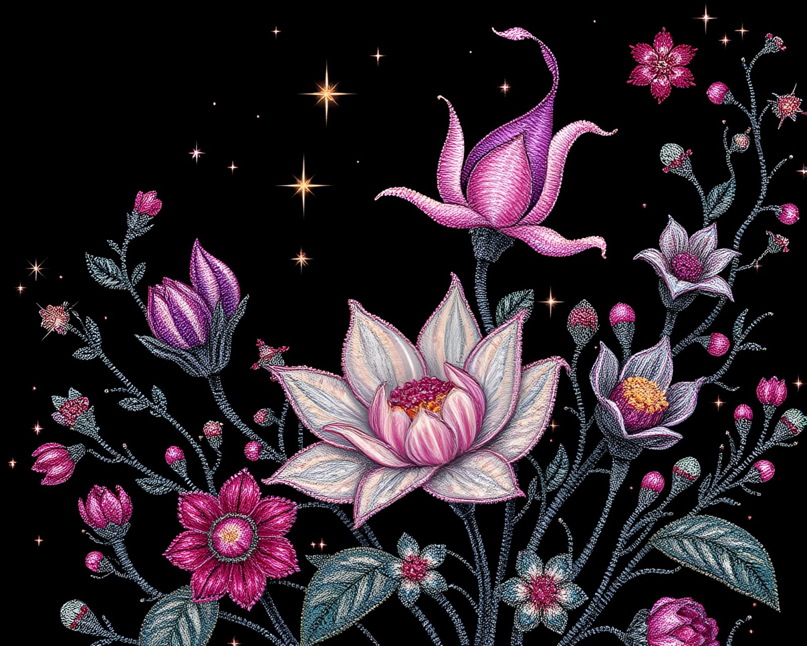 Gothic botanical illustration with shimmering beadwork accents