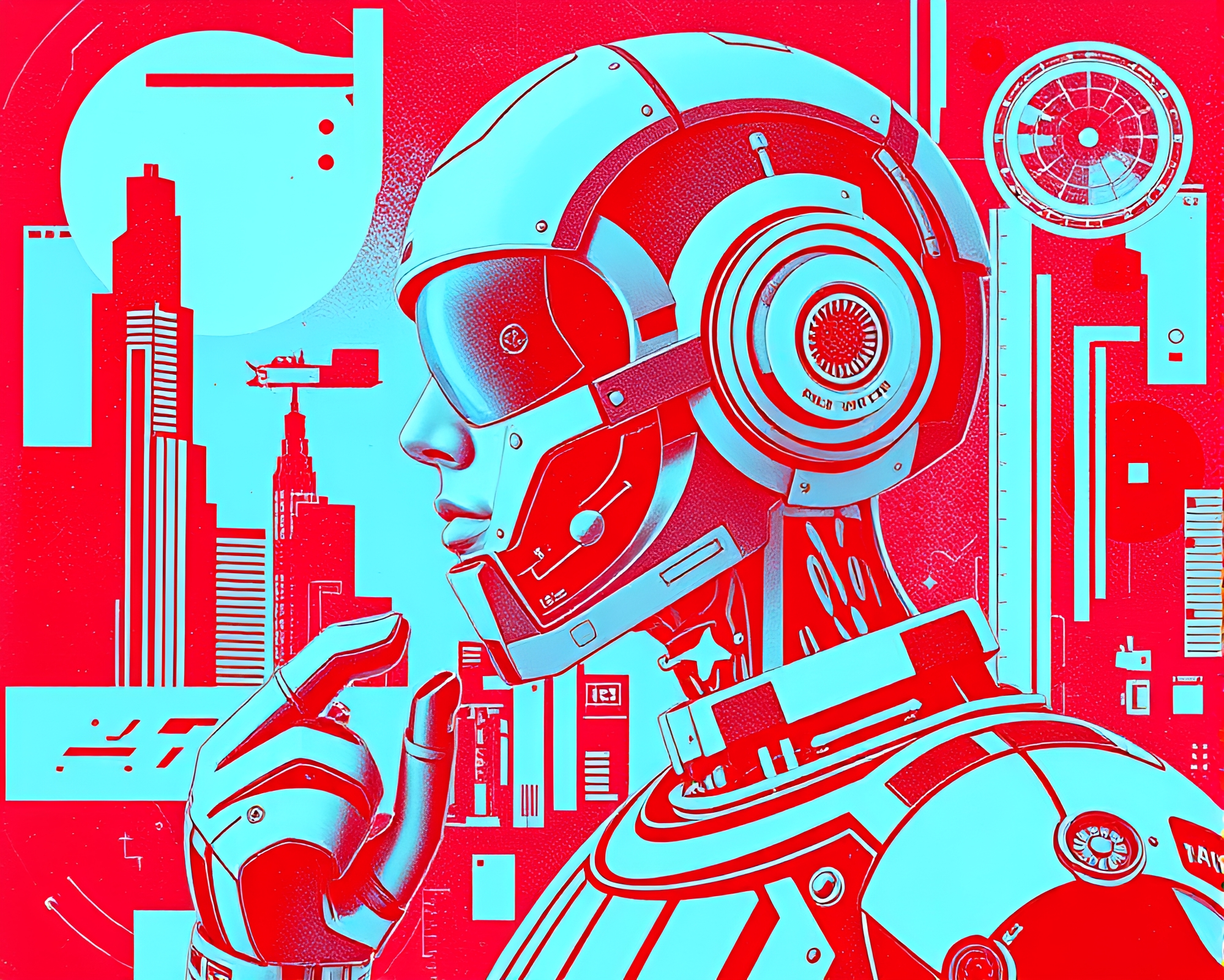 Futuristic Cyborg Collage Cutouts in Duotone Reds and Blues – free AI stock image