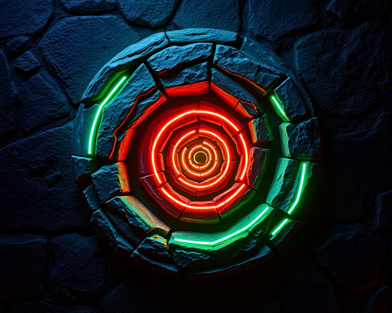 Vibrant neon graffiti on ancient stone circle with Fibonacci spiral