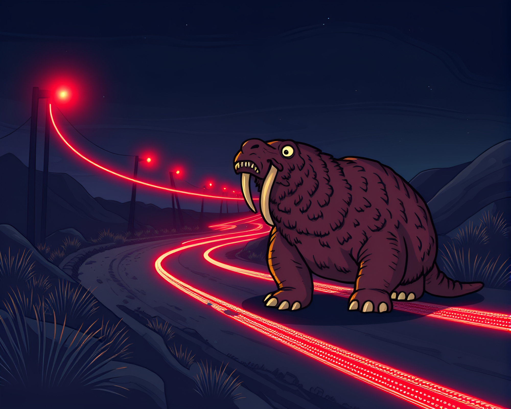 Whimsical Walrus Amidst Car Light Trails – free AI stock image