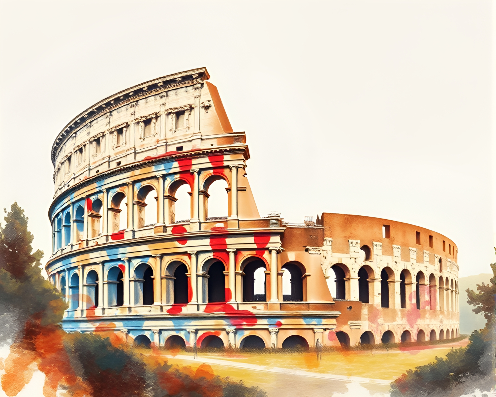 Glitch Artifacts in Roman Coliseum: Watercolor Wash Illustration – free AI stock image