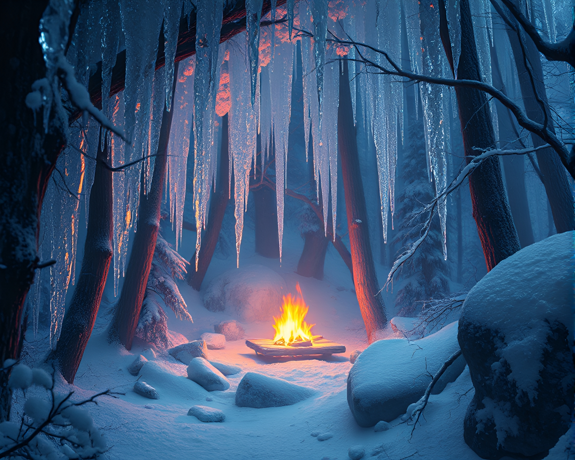 Ice Crystal Canopy with Fireplace Glow – free AI stock image
