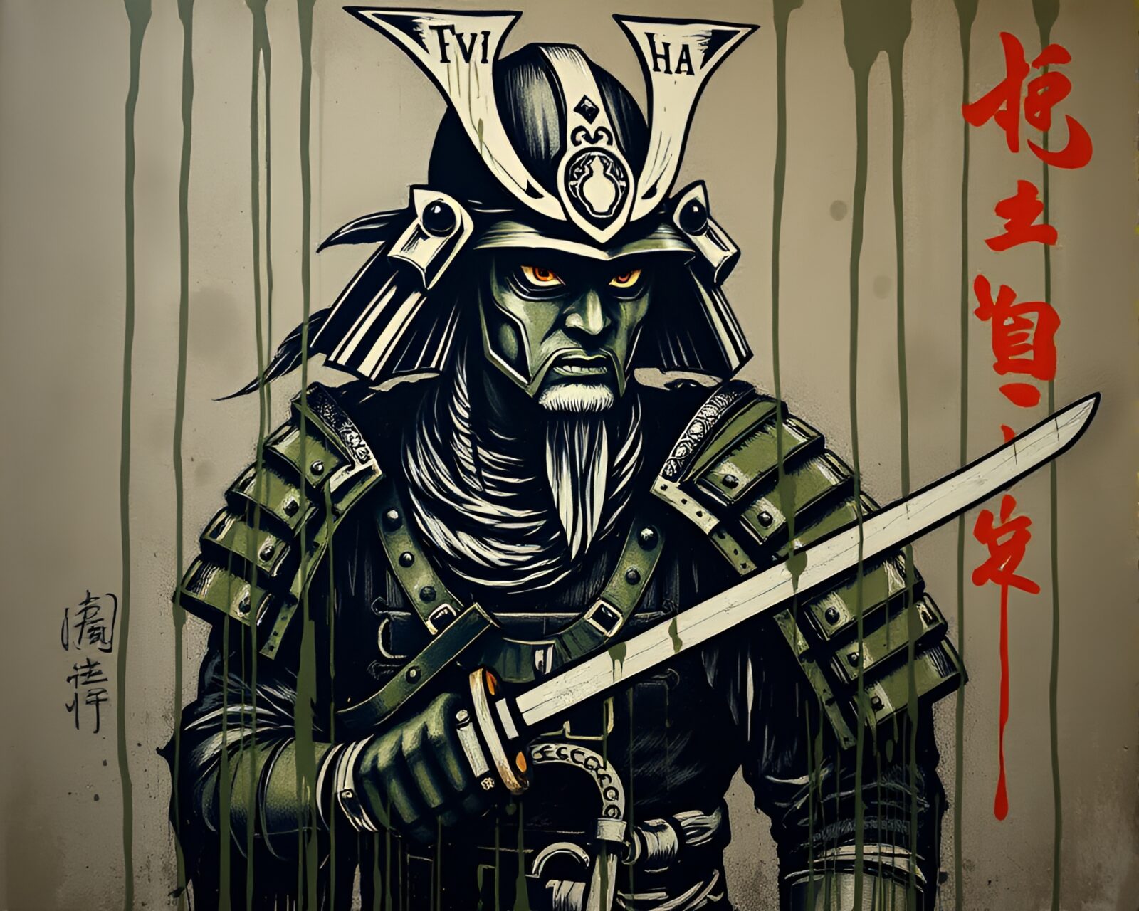 Engraved depiction of a samurai warrior in olive tones