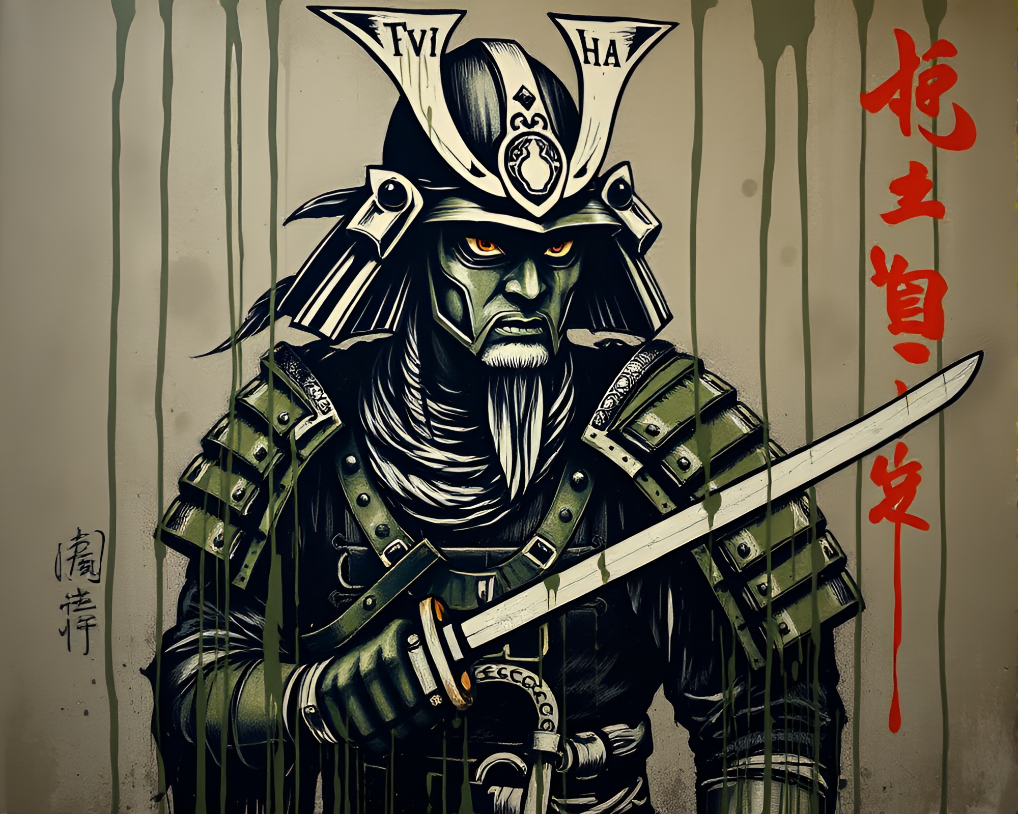 Samurai warrior in olive drab engraving art – free AI stock image