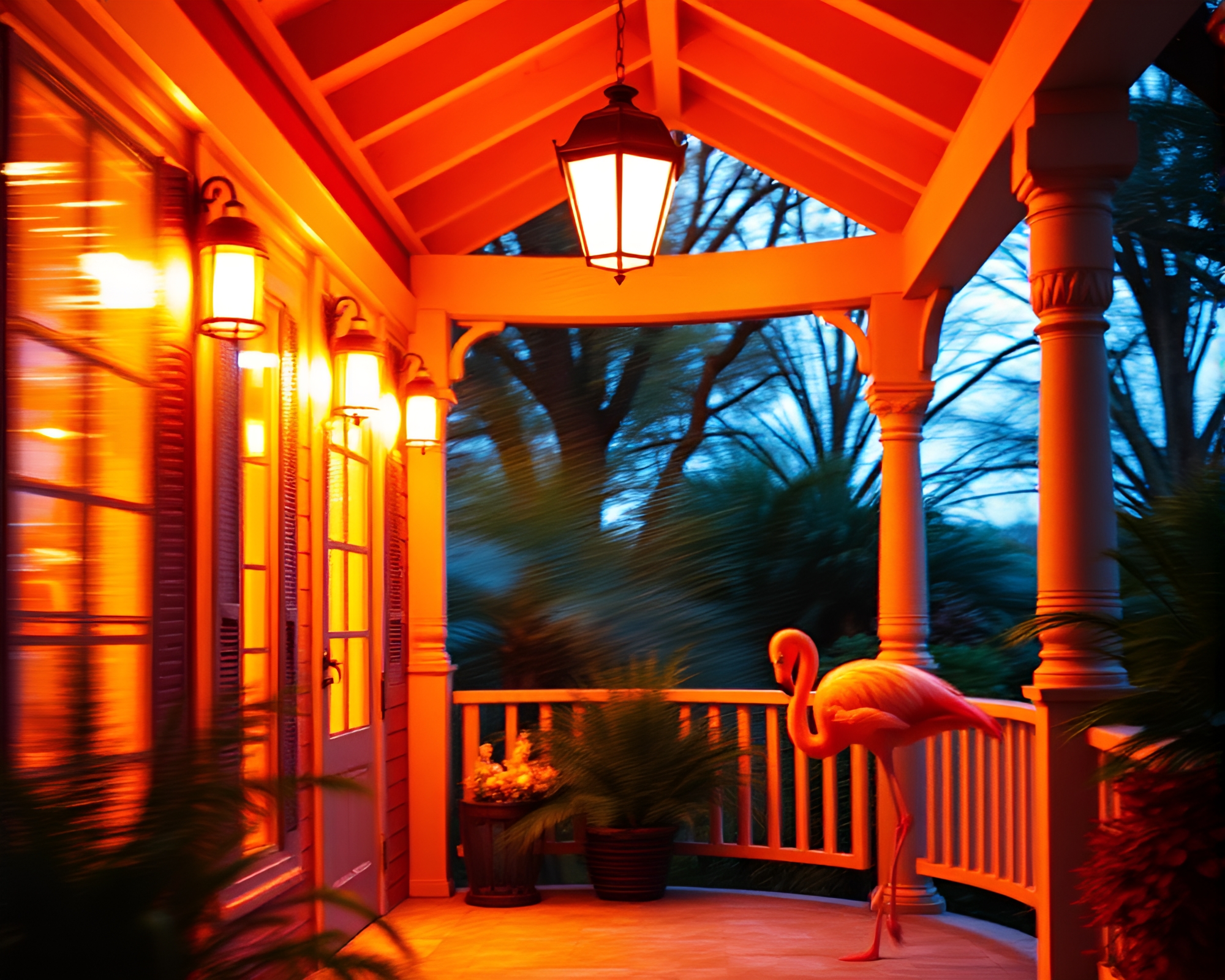 Pan Blurred Flamingo in Warm Porchlight Glow – free AI stock image