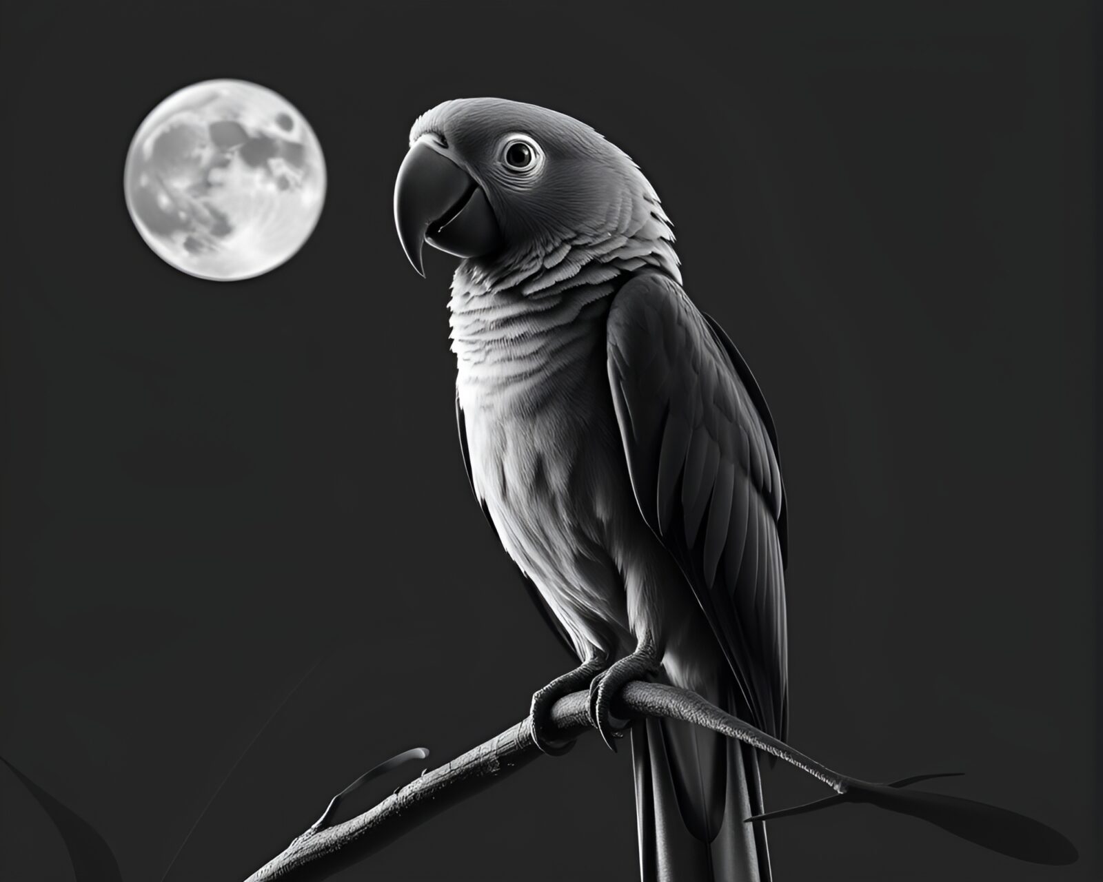 Medium shot of tropical parrot in grayscale wireframe against moonlit sky