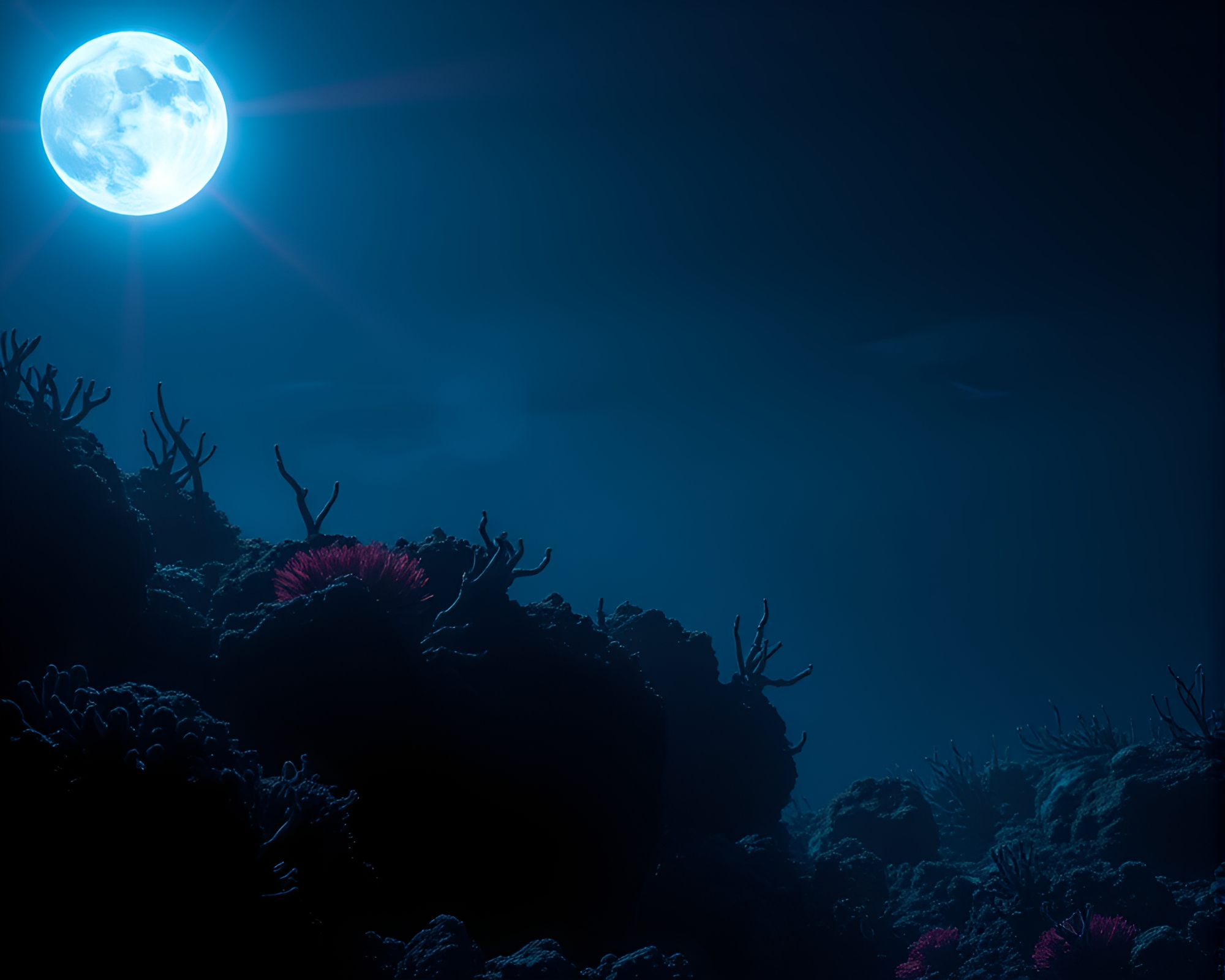 Moonlit Neon Wireframe Reef Underwater Lens Flare – free AI stock image