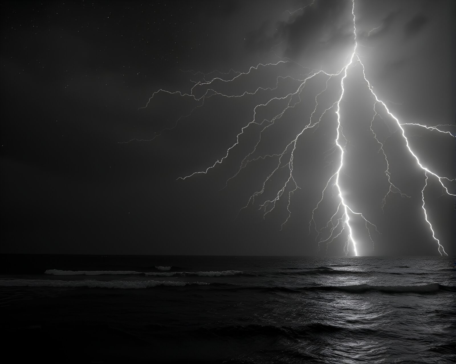 Black and white thunderstorm above sea with delicate cobwebs