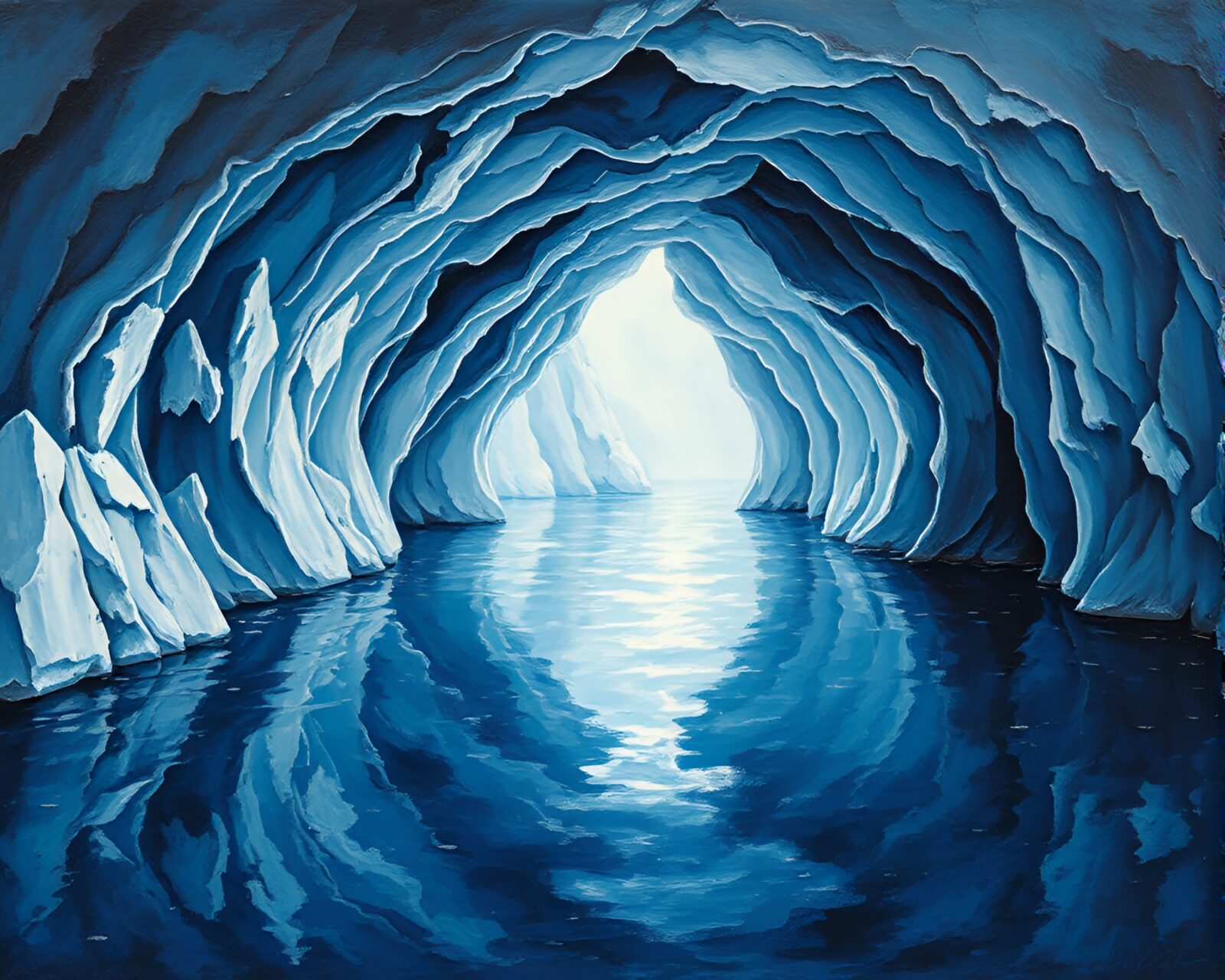 Surreal glacial cave scene with denim hues and textural strokes