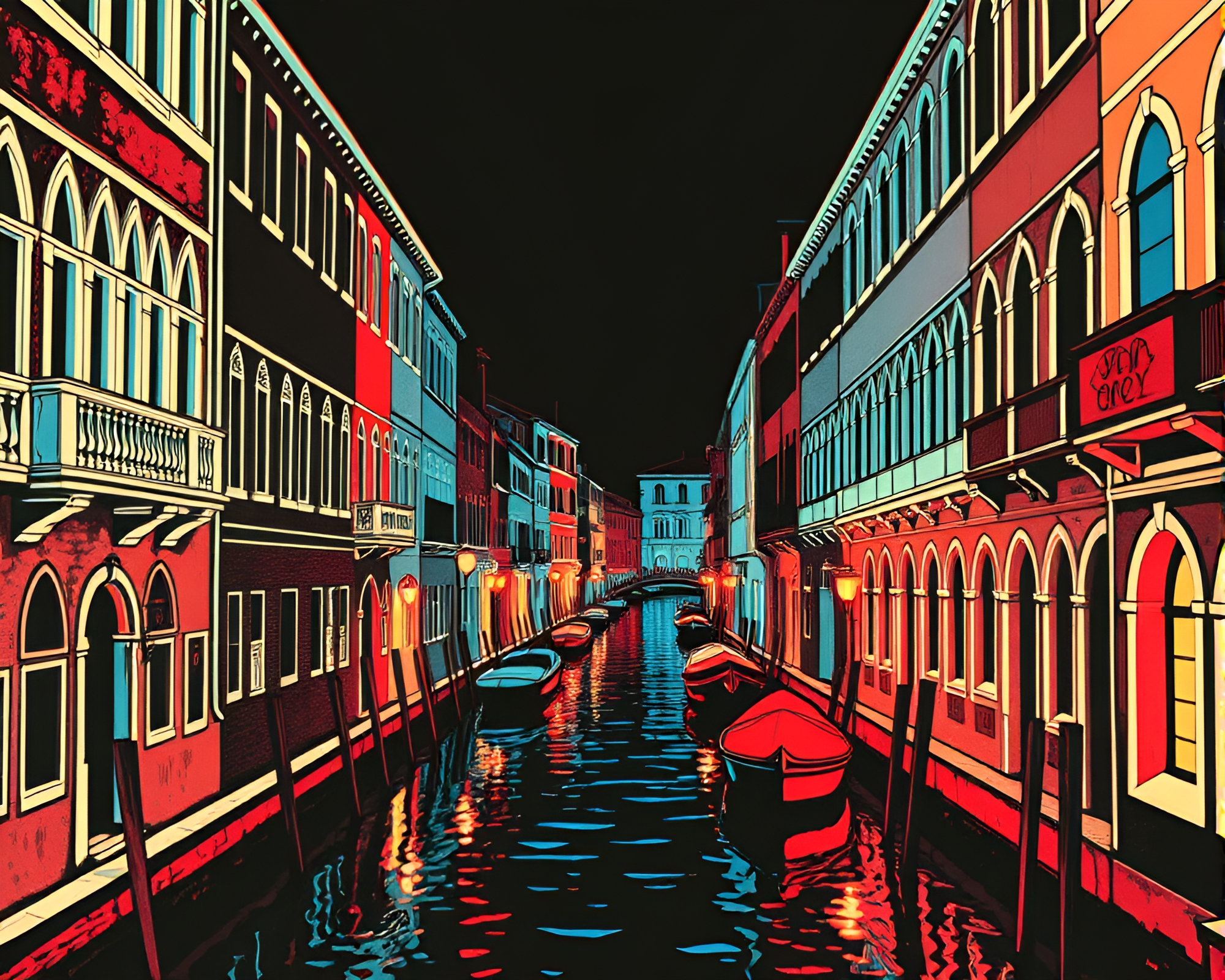 Neon Venetian Canal Woodcut Print – free AI stock image
