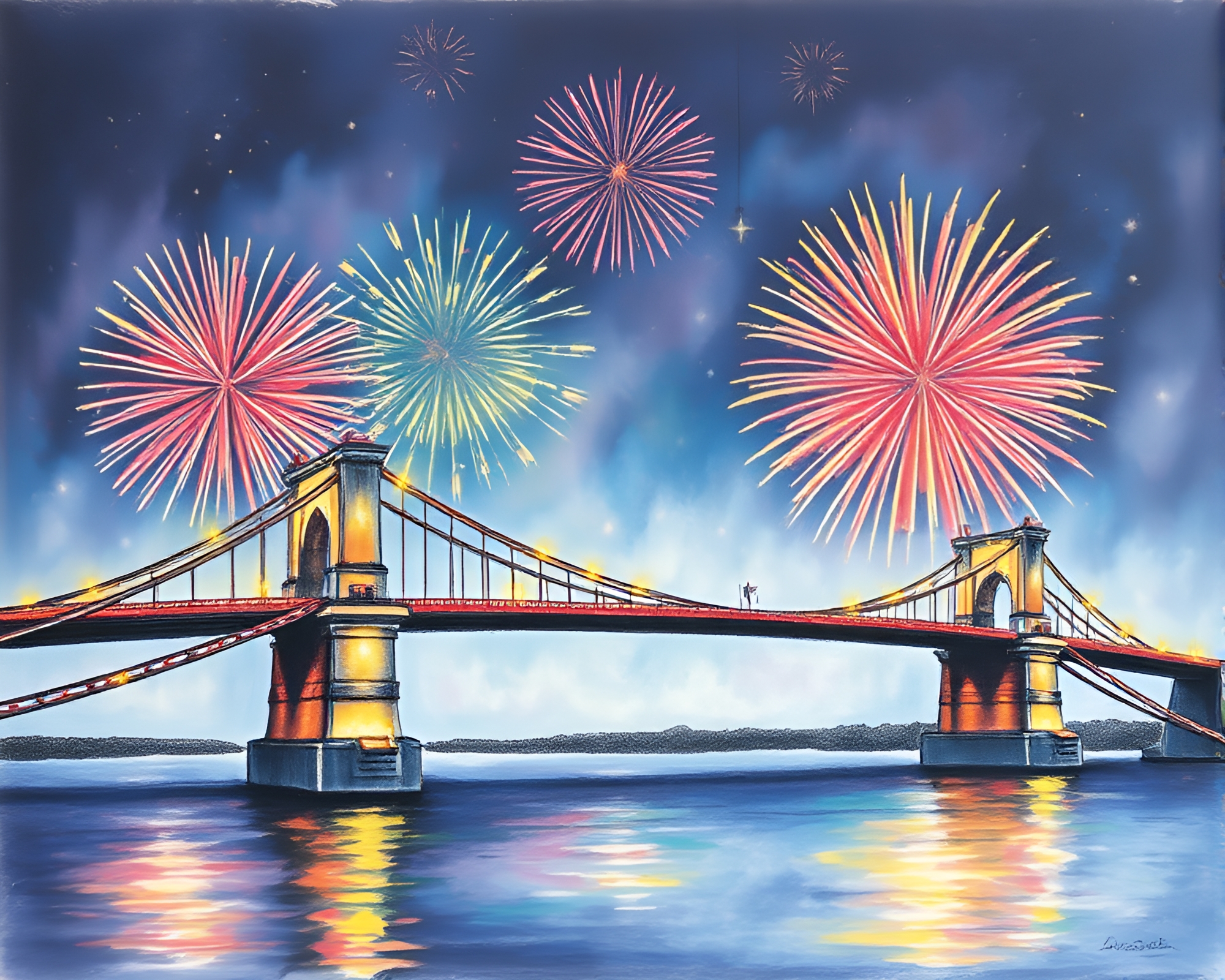 Glass Bridge illuminated by Fireworks Burst – free AI stock image