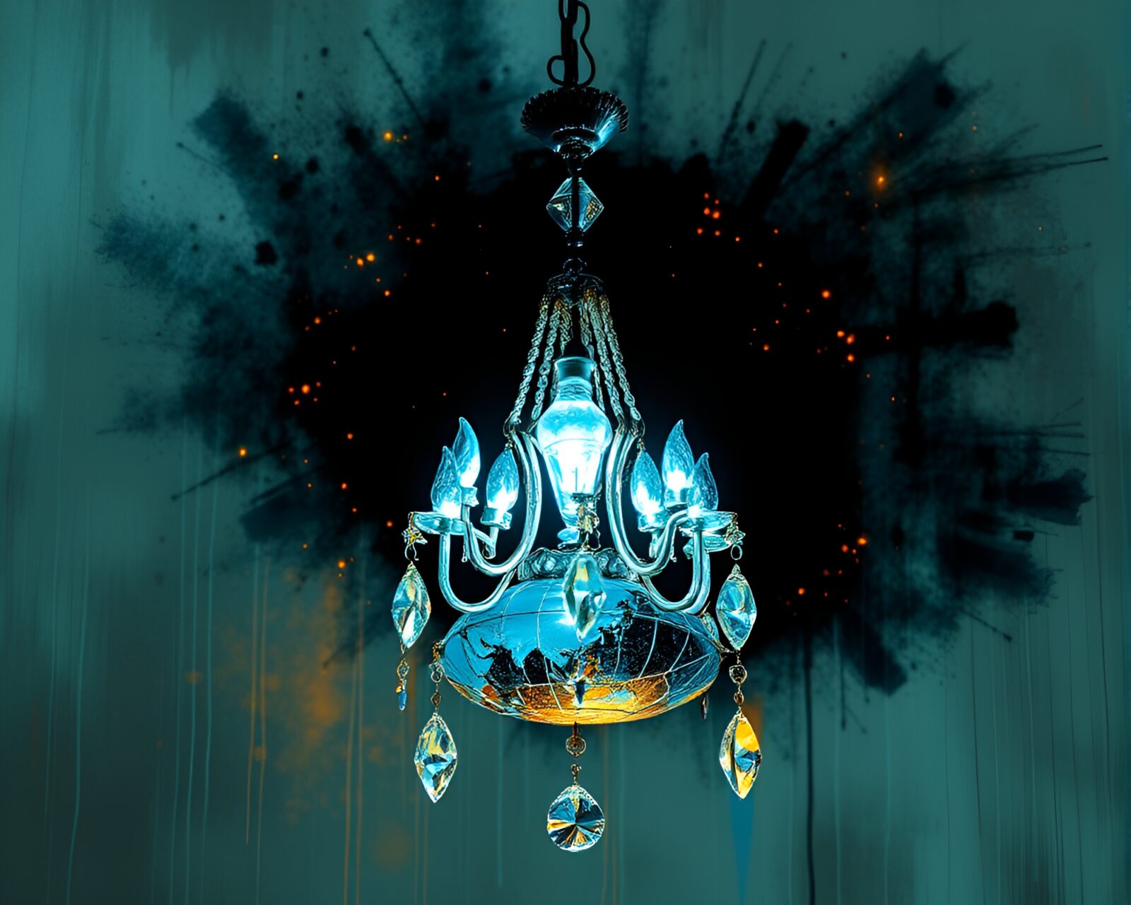 Scene with topaz-hued lighting on cracked earth, adorned with crystal chandelier and graffiti art