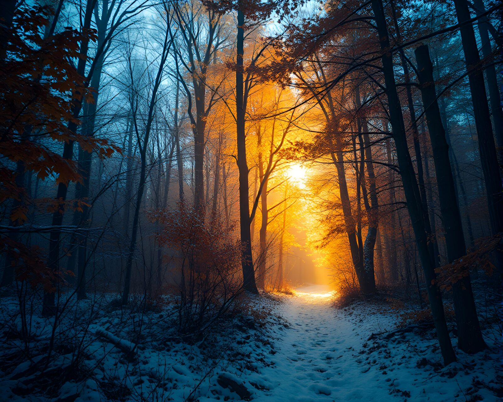 Enchanted forest with glowing ice crystals in autumn