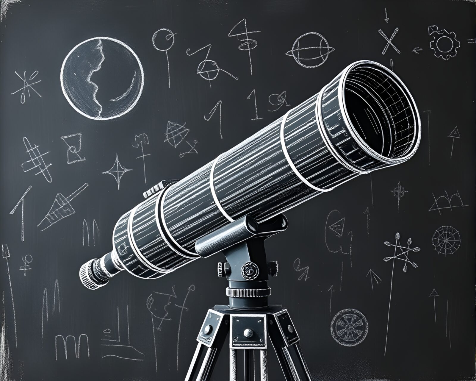 Abstract wireframe telescope on chalkboard with film grain effect