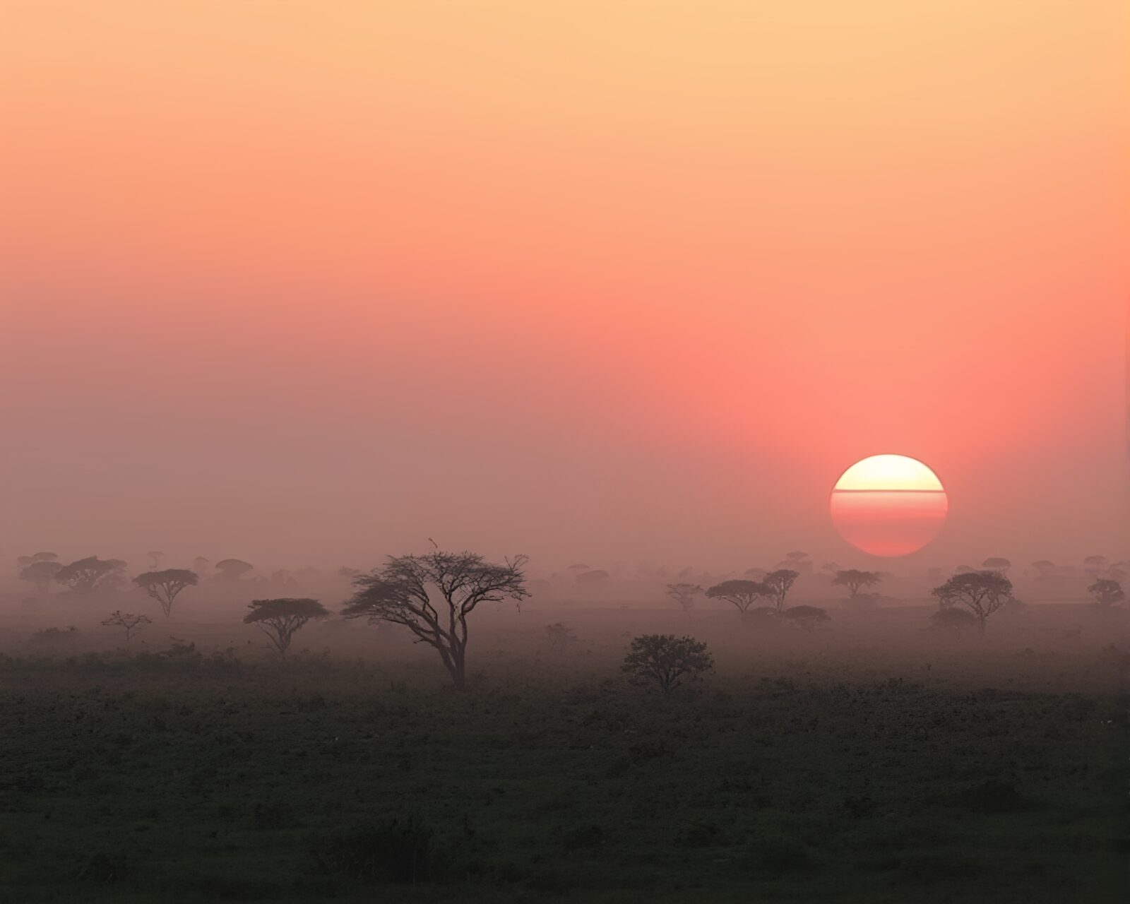 Sun setting over fog-covered savanna in unique hatch drawing