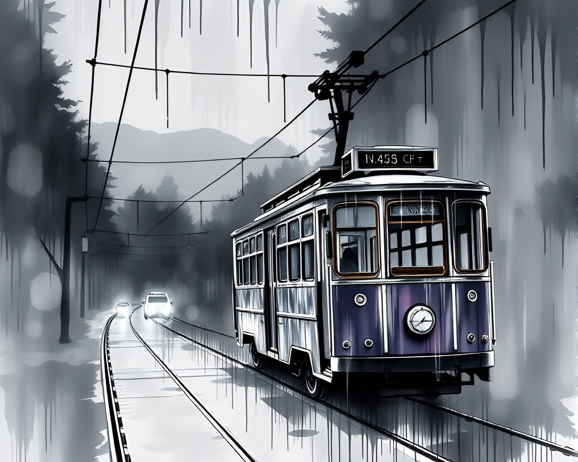 Ink Wash Drips and Cable Car Commute – free AI stock image