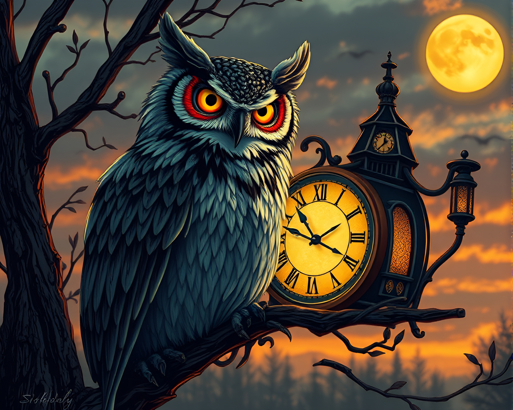 Clockwork Owl in Evening Sunset Fantasy Illustration – free AI stock image