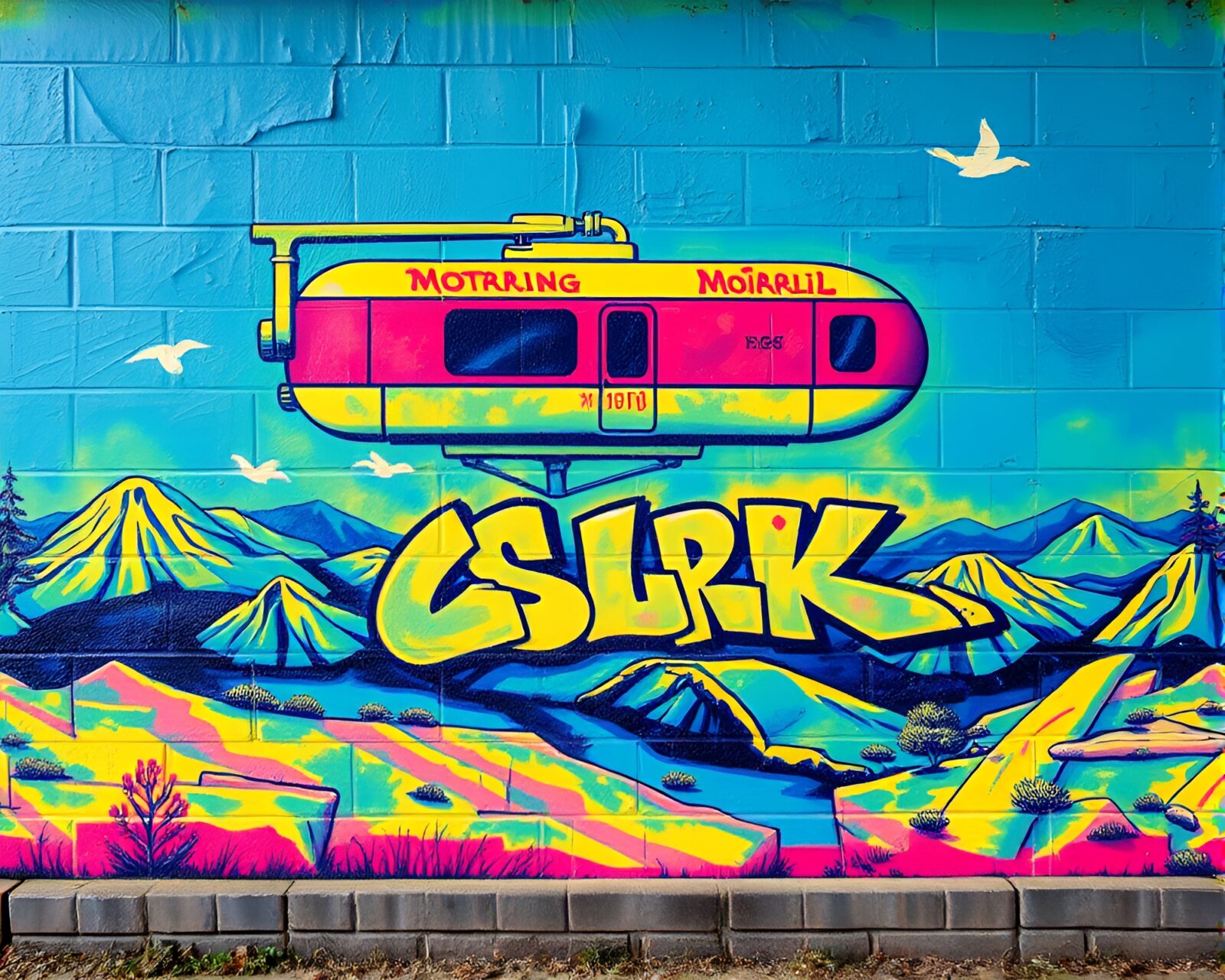 Colorful thermal monorail etching mural in vibrant cityscape