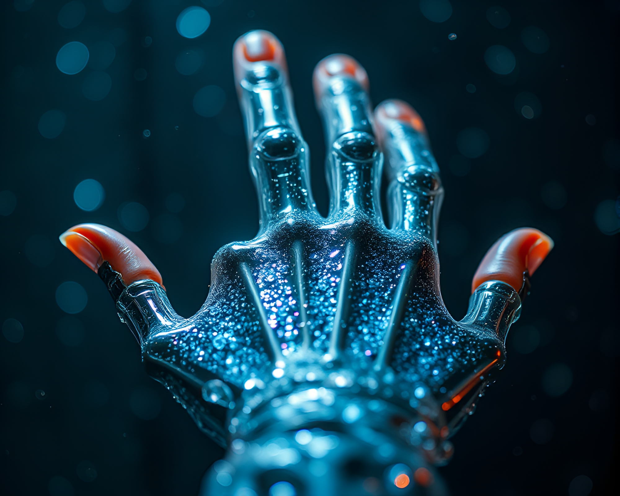 Dystopian Cybernetic Hand Holding Wet Glass Beads – free AI stock image