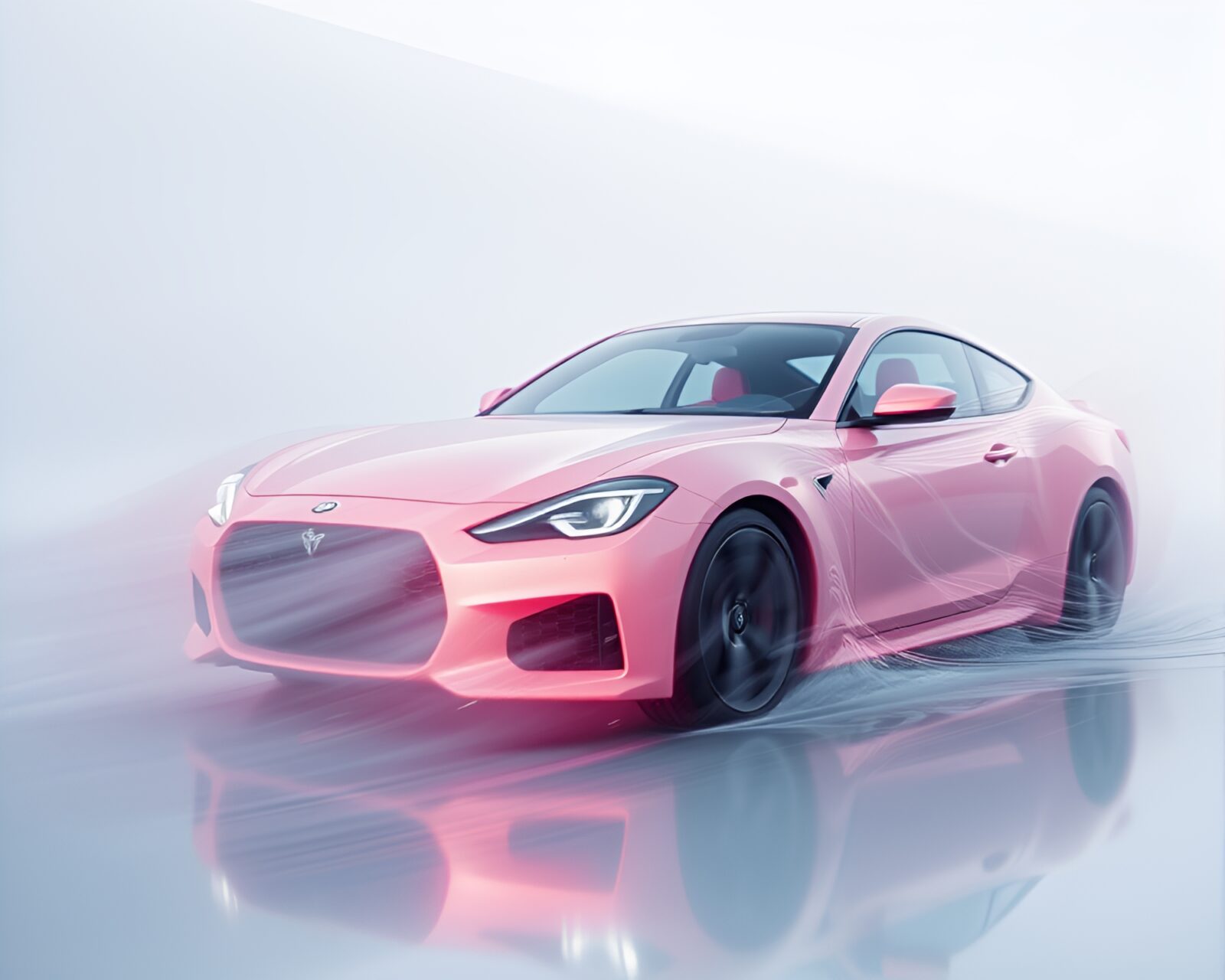 Blush pink sky illuminating hover car's reflection on rippling water