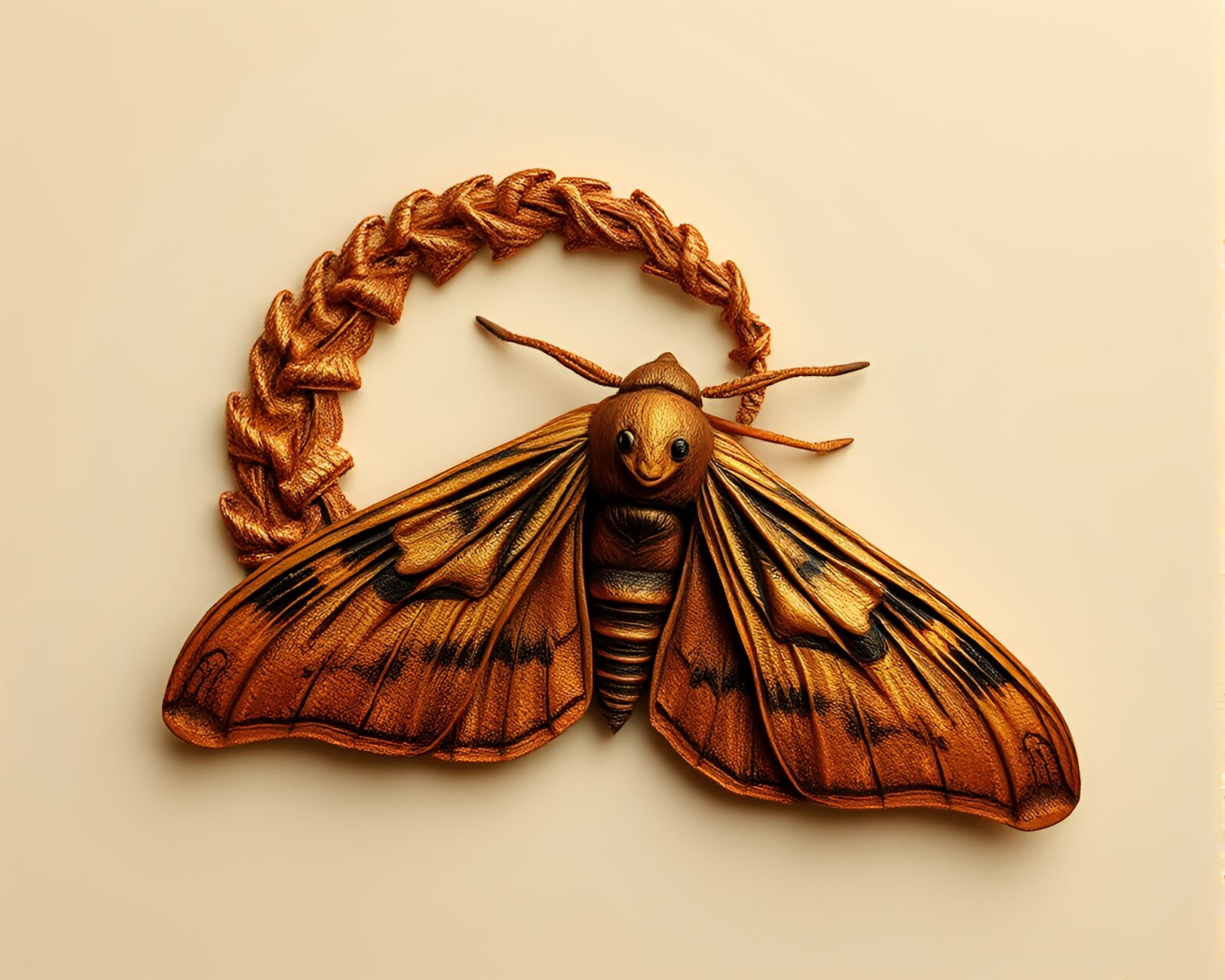 A mesmerizing illustration of a moth in copper tones and stipple shading
