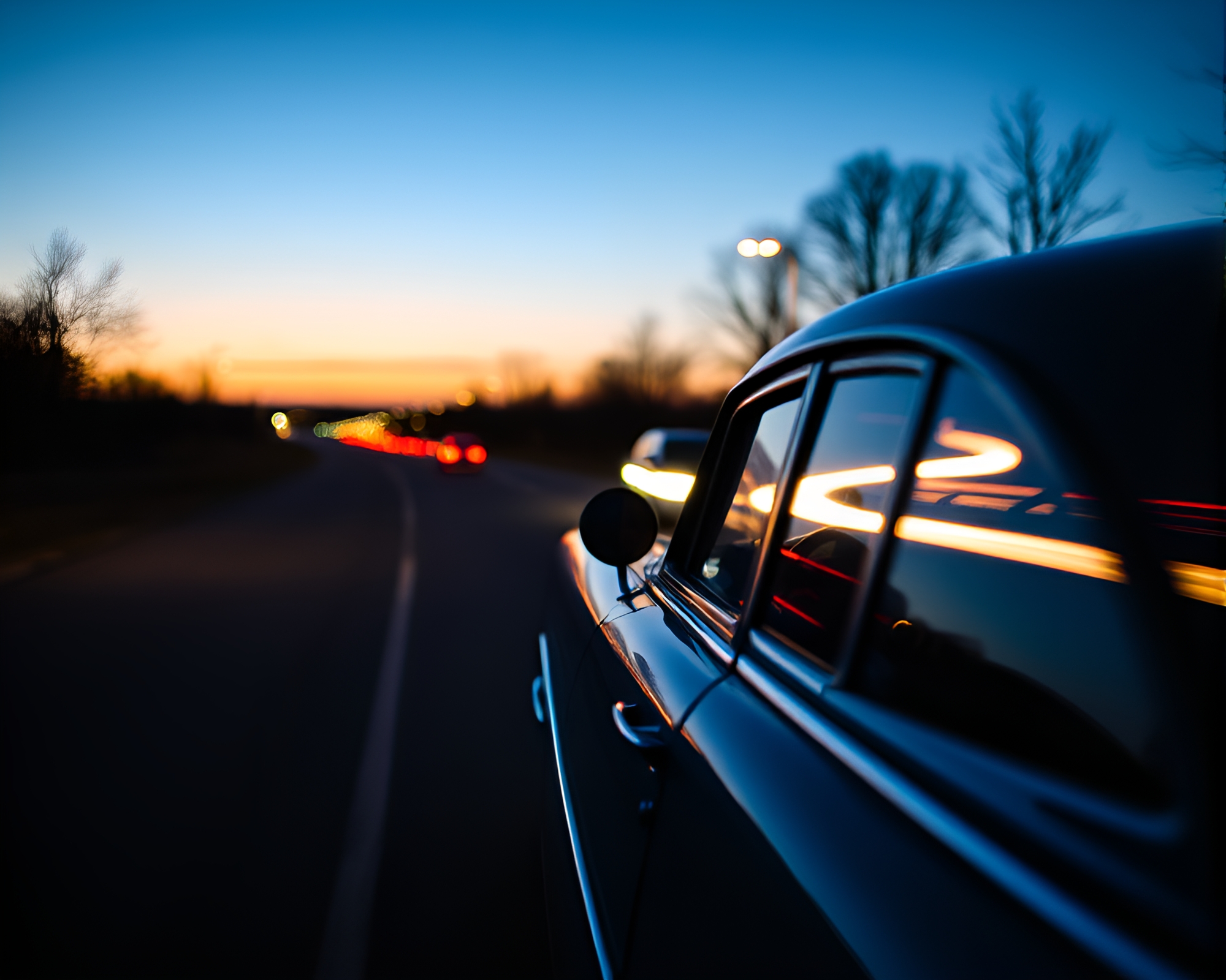 Vintage Car Light Trails in Twilight Blue Hour – free AI stock image