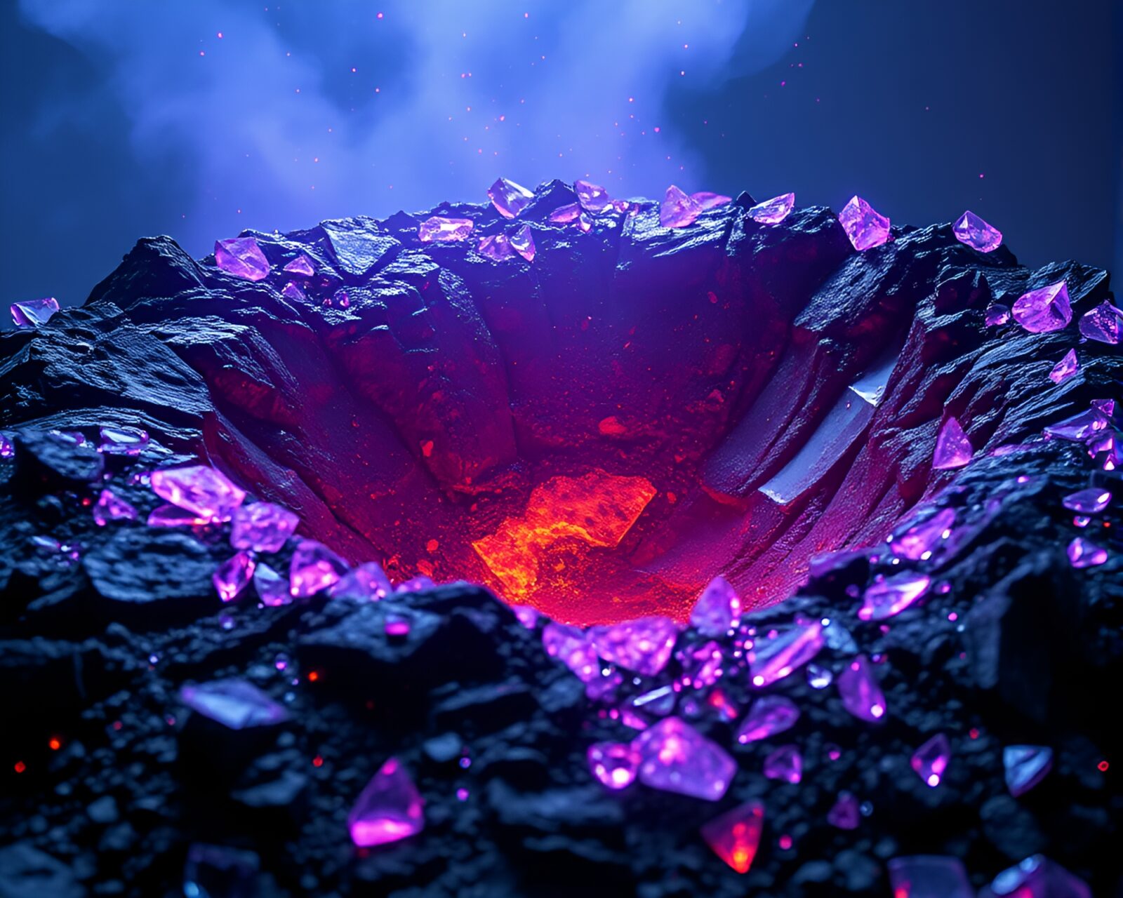 Volcano crater filled with illuminated glass shards under ultraviolet shine