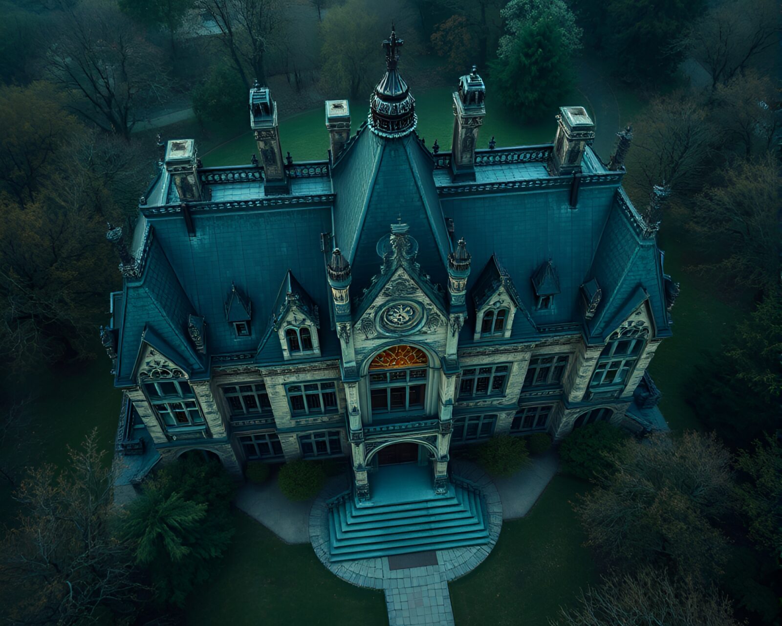 Aerial view of opulent Gothic manor in dramatic lighting
