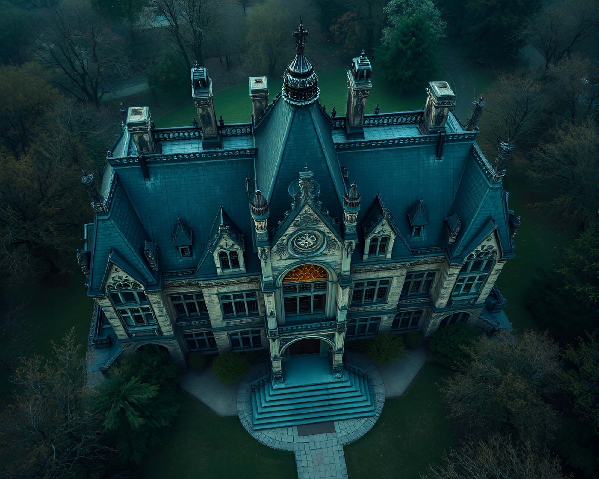 Neo-Gothic Mansion From Above Film Noir Style – free AI stock image