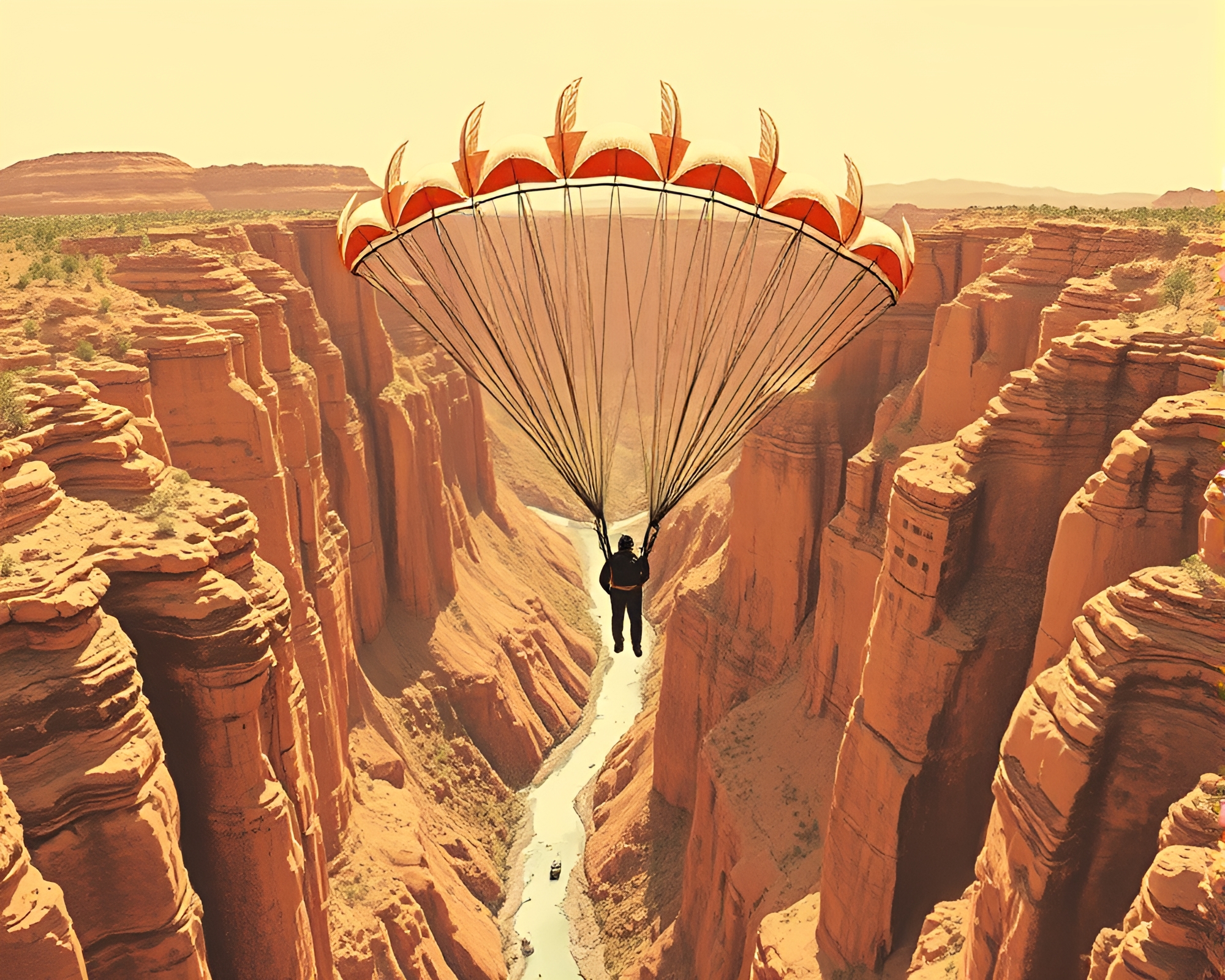 Parachute Jumper Soaring Through Rust Canyon Woodcut Print – free AI stock image
