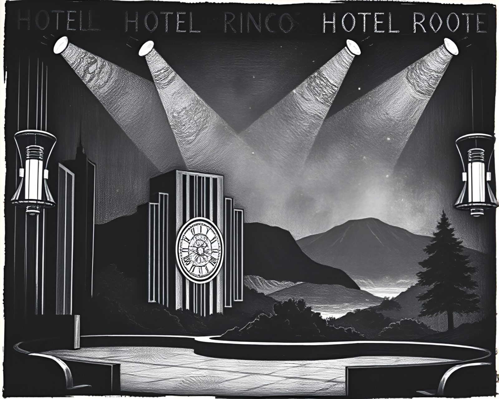 Abstract smoke rings around a vintage art deco hotel