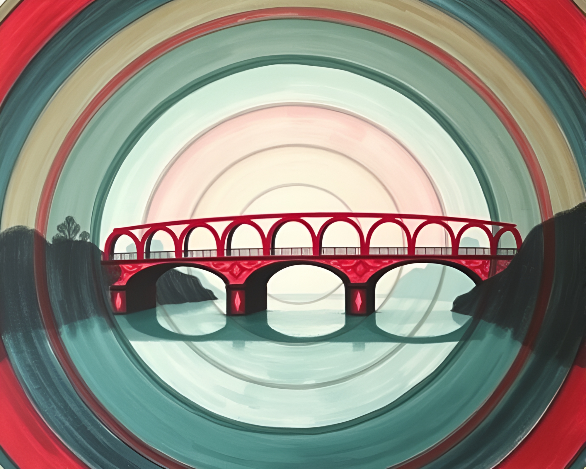 Concentric Circles Arch Bridge in Ruby Red Pastel Drawing – free AI stock image