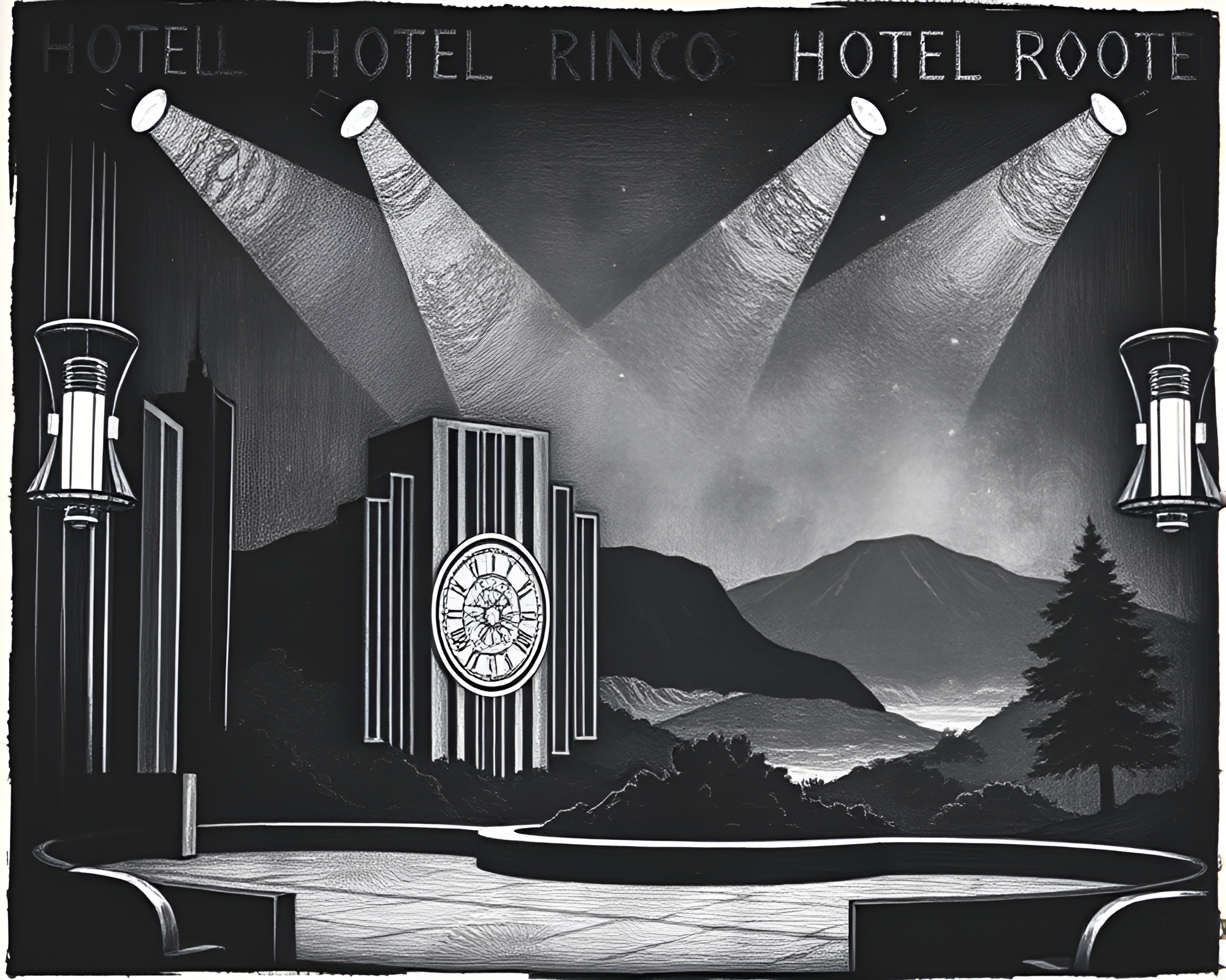 Smoke Rings Illuminating Art Deco Hotel Landscape – free AI stock image