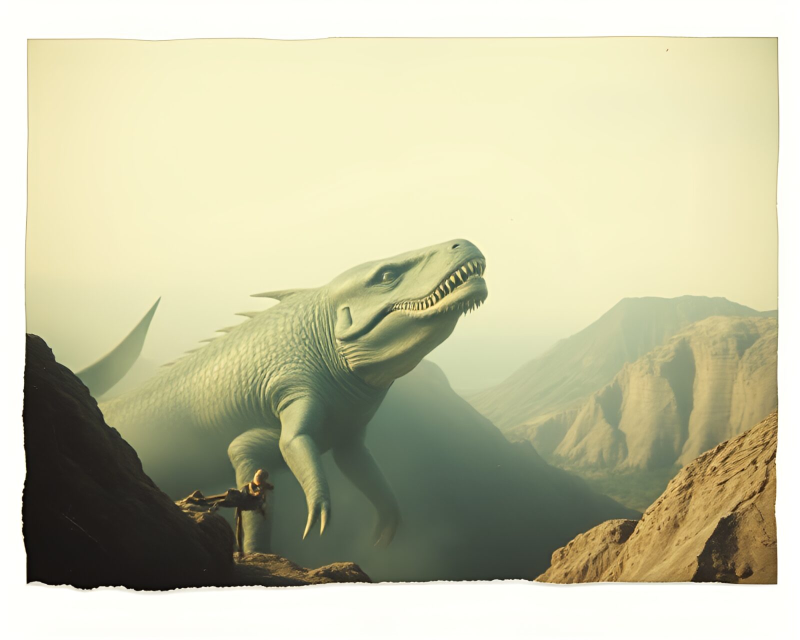 A photorealistic depiction of a Leviathan breaking through aged polaroid edges