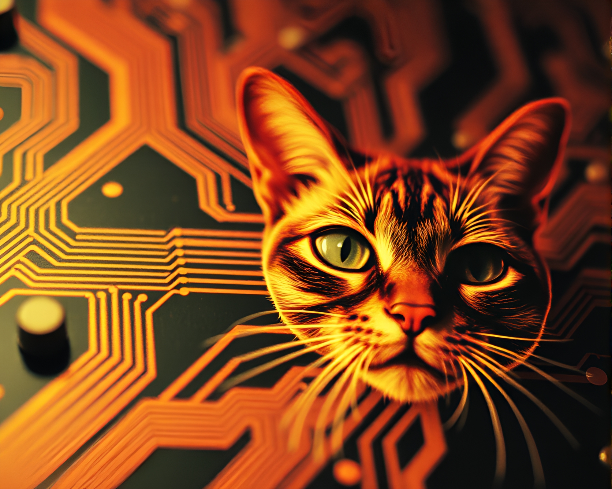Schrodinger’s Cat on Comic-style Circuit Board with Grainy Film Aesthetic – free AI stock image
