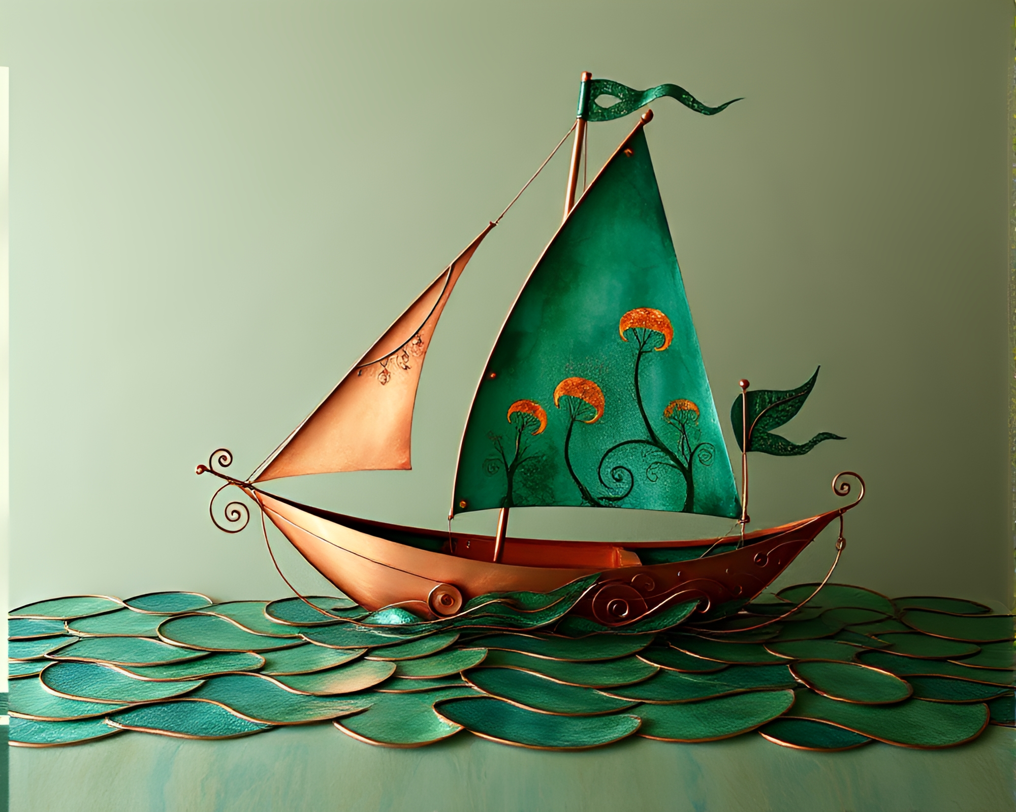 Enchanted Solar Sailboat in Copper Verdigris Forest – free AI stock image