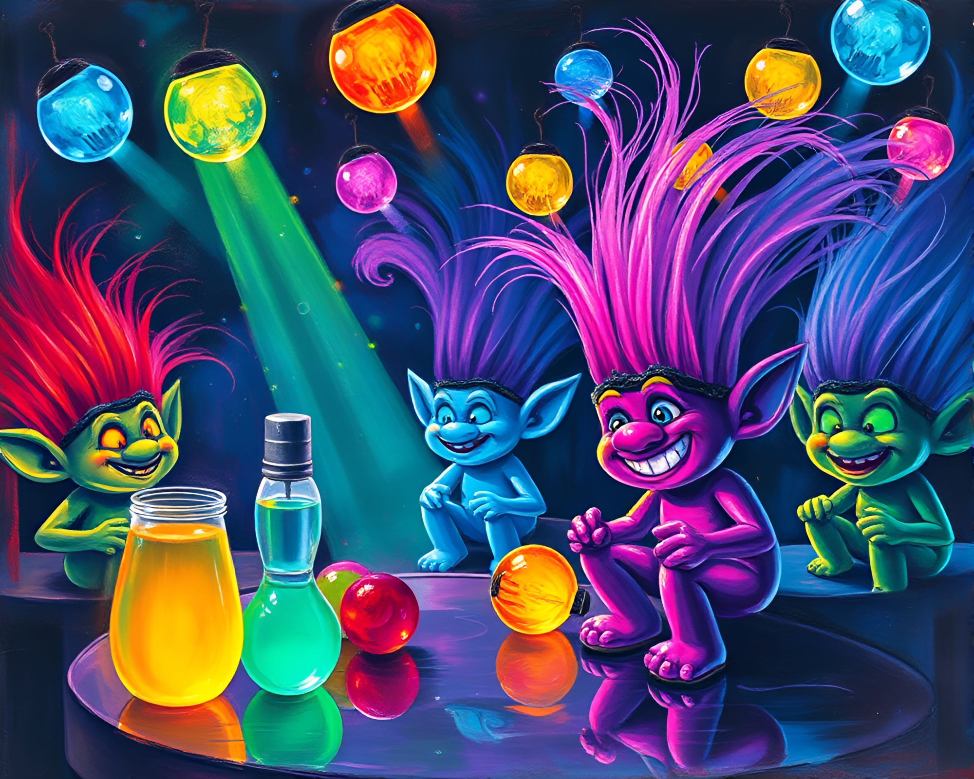 Wet Glass Beads Troll in Strobe Lights – free AI stock image