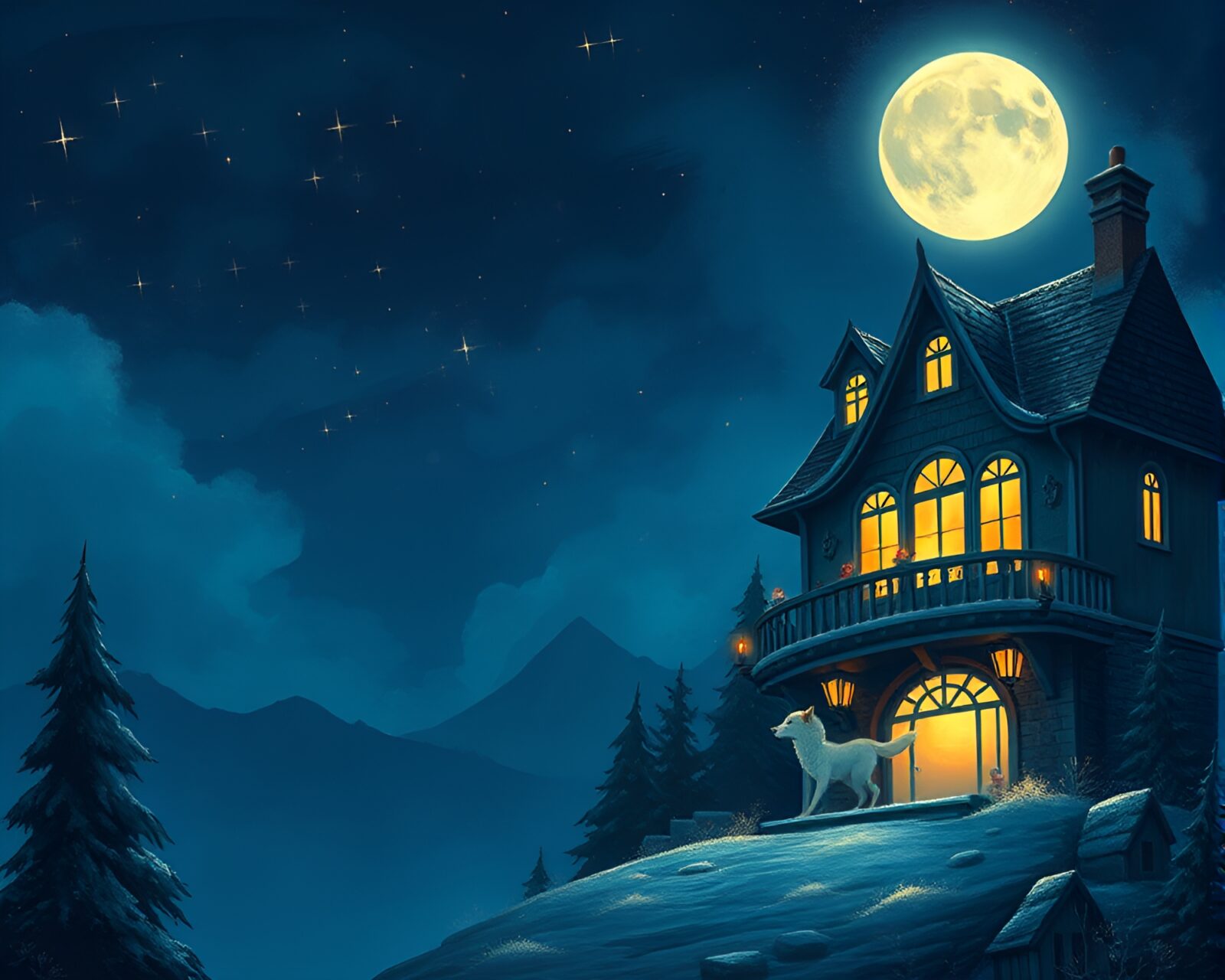 Moonlit wolf under an enchanting opera-house glow with backscatter flare