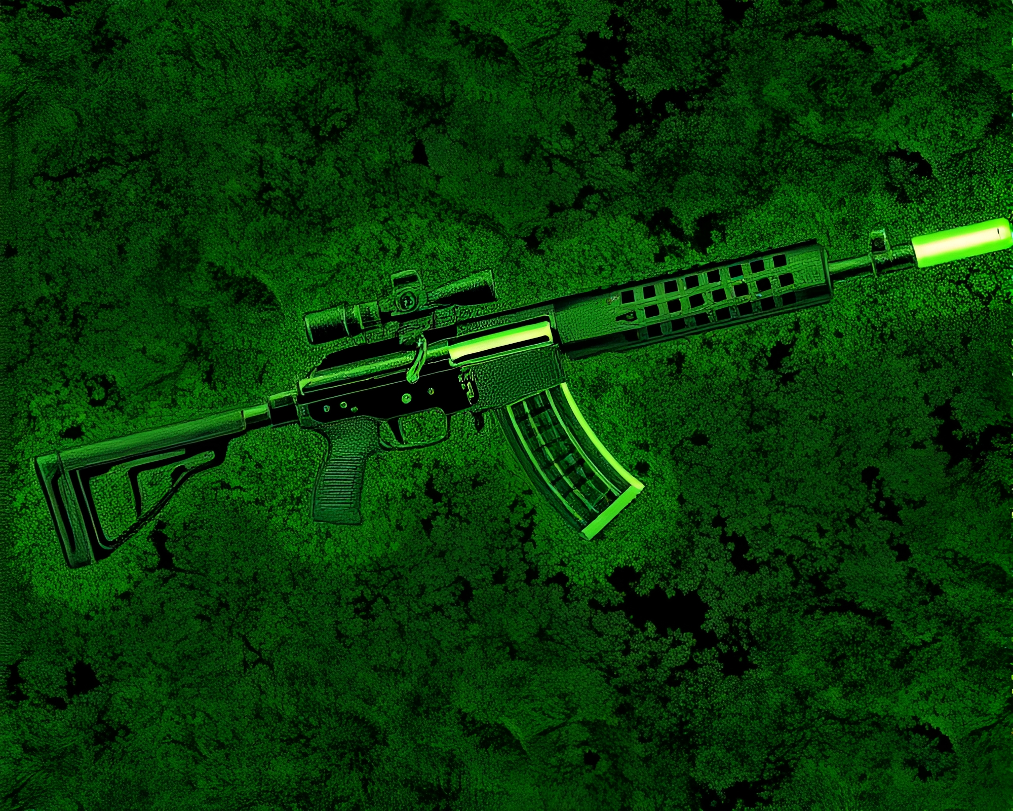 Lichen-Textured Plasma Rifle in Monochrome Line Art – free AI stock image