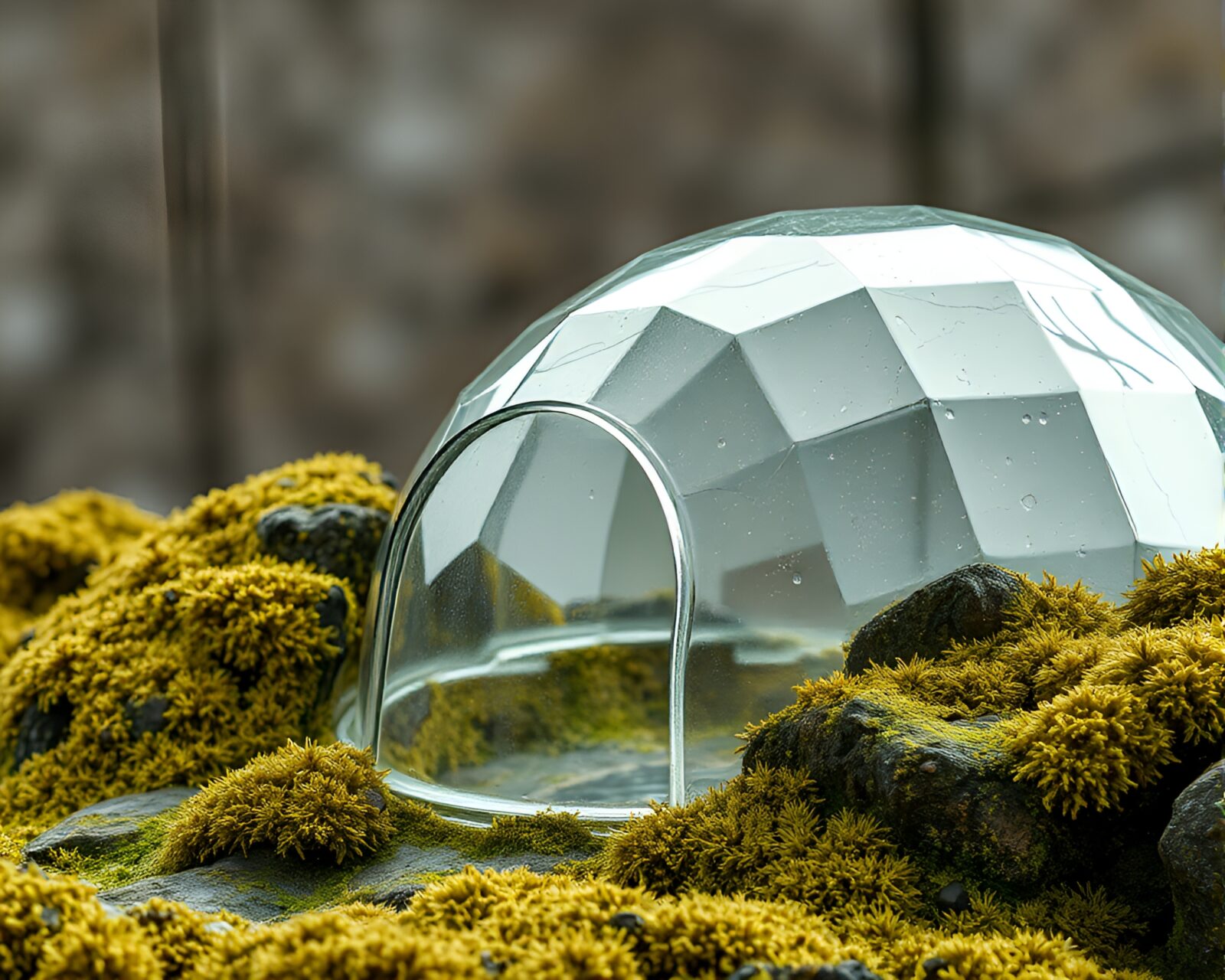 Lichen-covered panoramic view from inside glass igloo