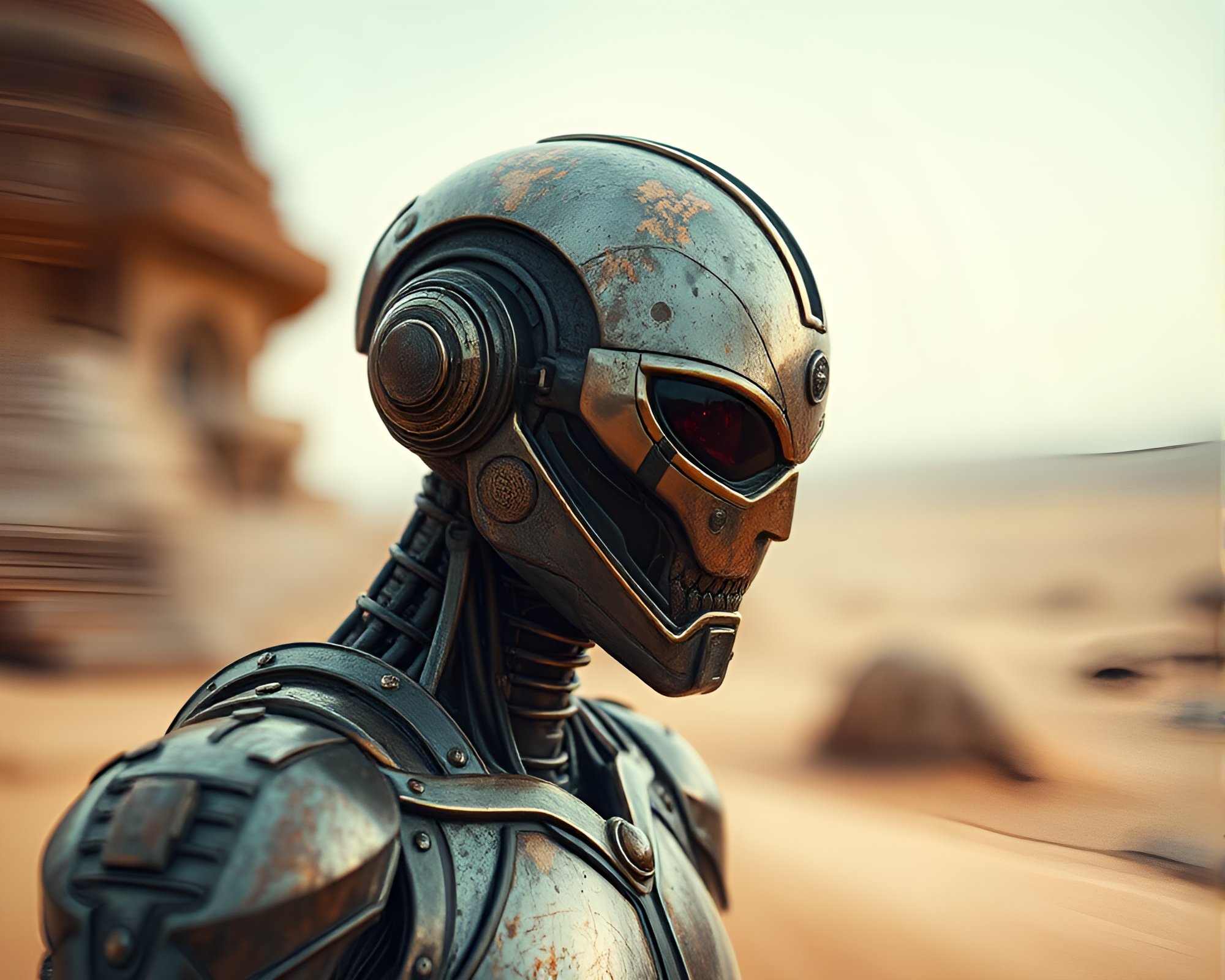 Bronze Cyborg Warrior in Desert Motion Blur – free AI stock image