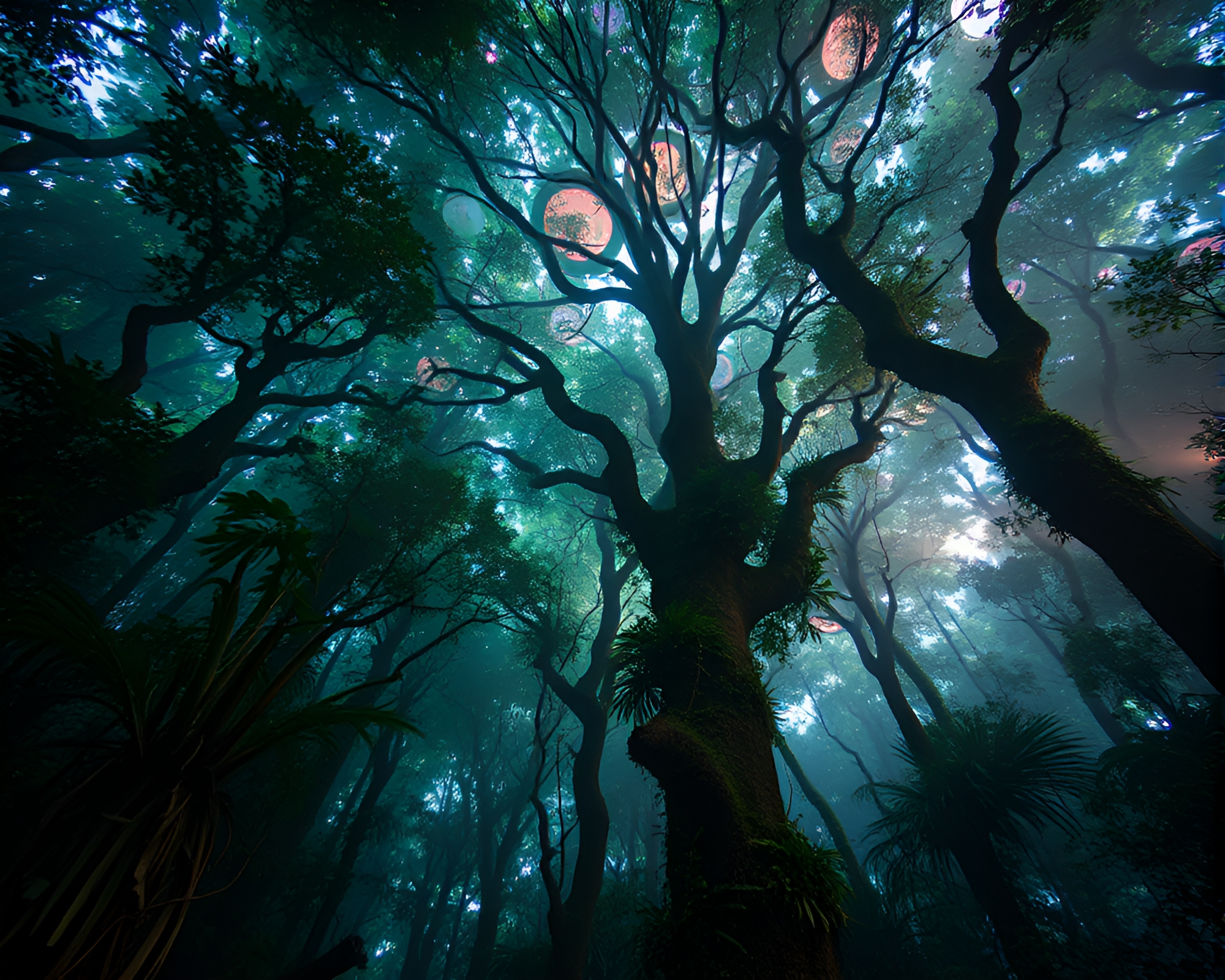 Enchanted Rainforest Canopy from Worm’s Eye View – free AI stock image